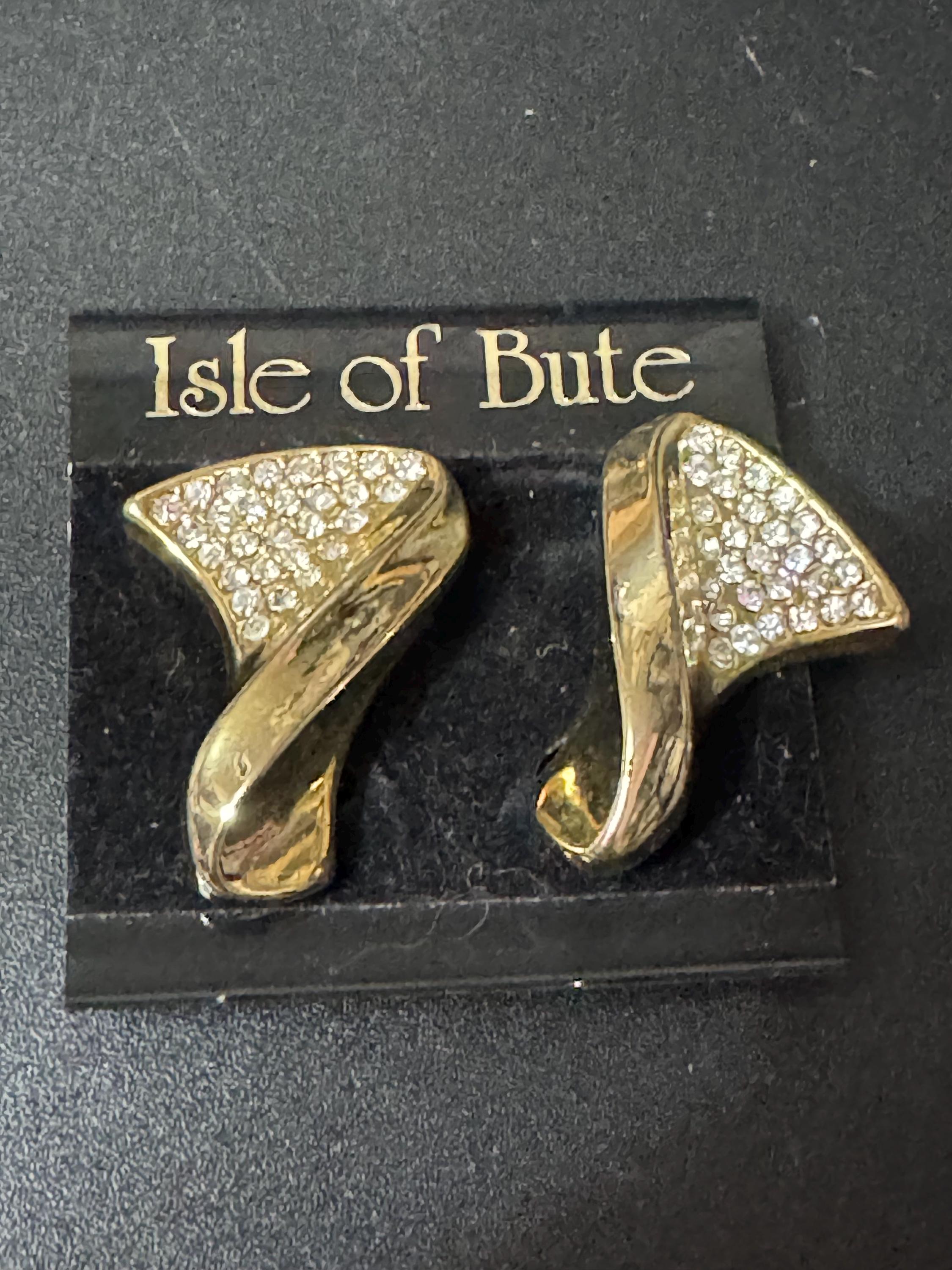 Isle of Bute 3.5cm gold tone weighty clear diamanté abstract clip on earrings