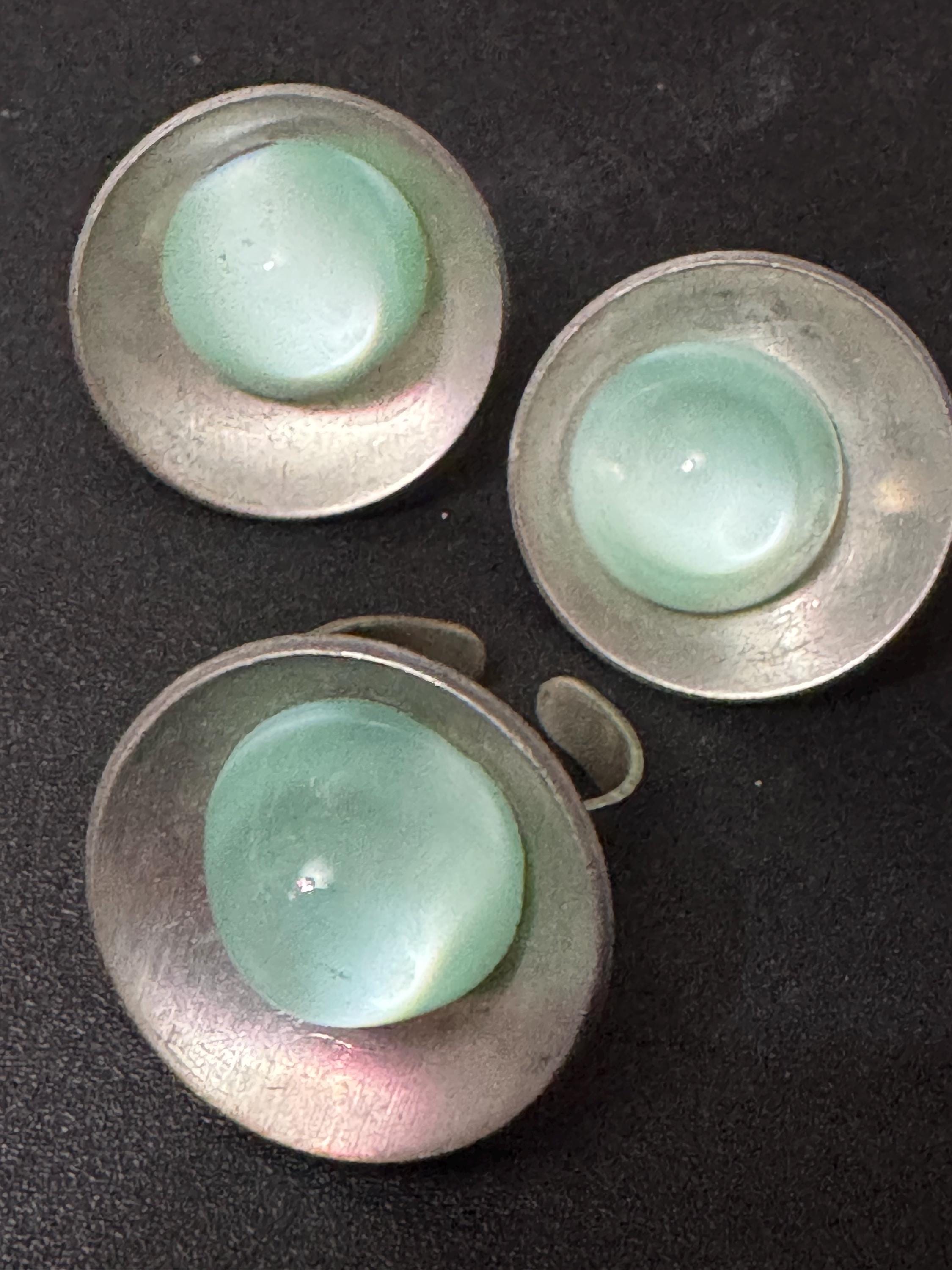 Vintage Modernist Ice Blue Glass Cabochon Steel Ring and Clip On Earrings Set