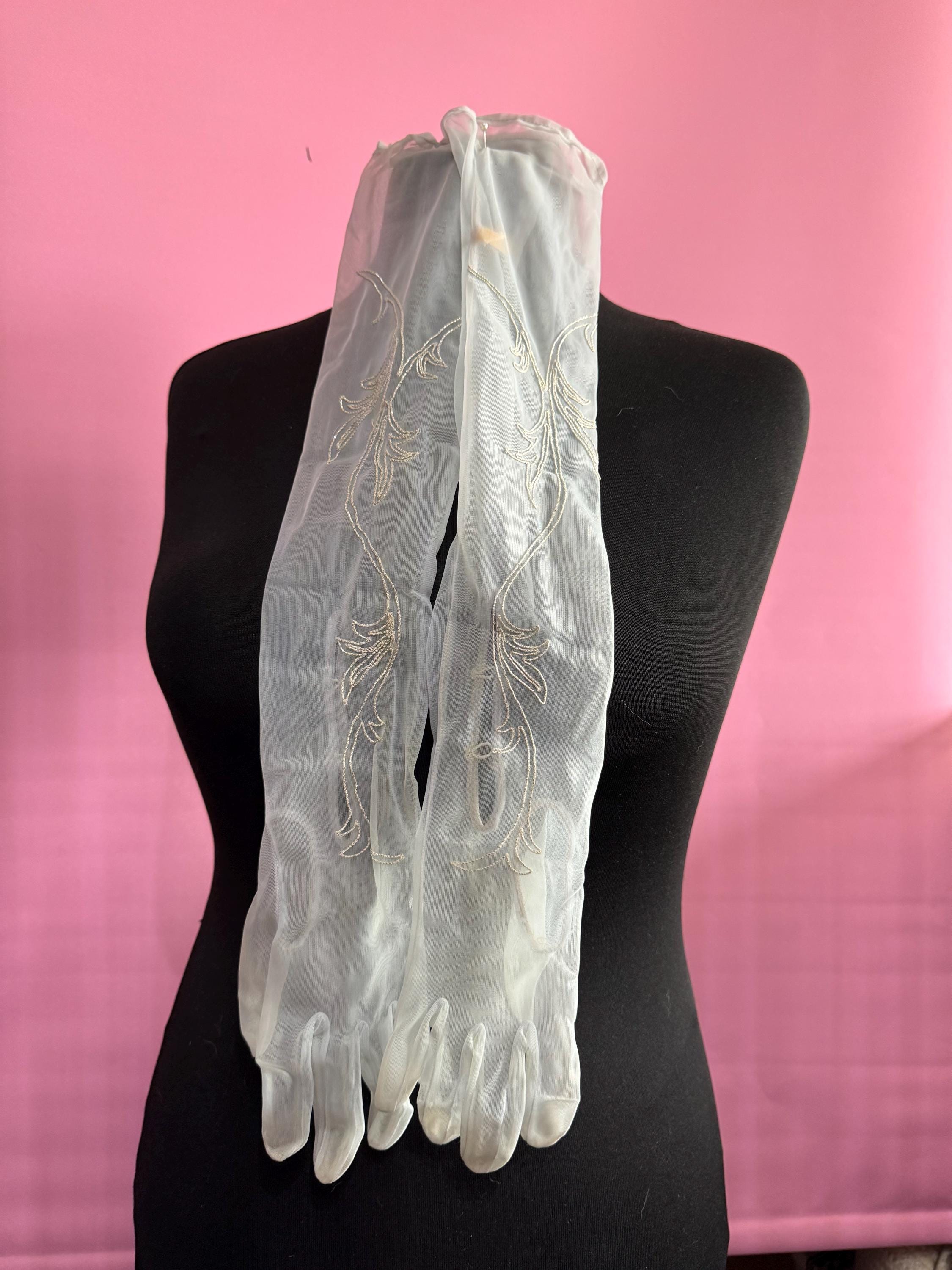 Size 6.5 DENTS Vintage pale blue Net Chiffon Formal sheer Cocktail evening gloves, 2 buttons 52cm long