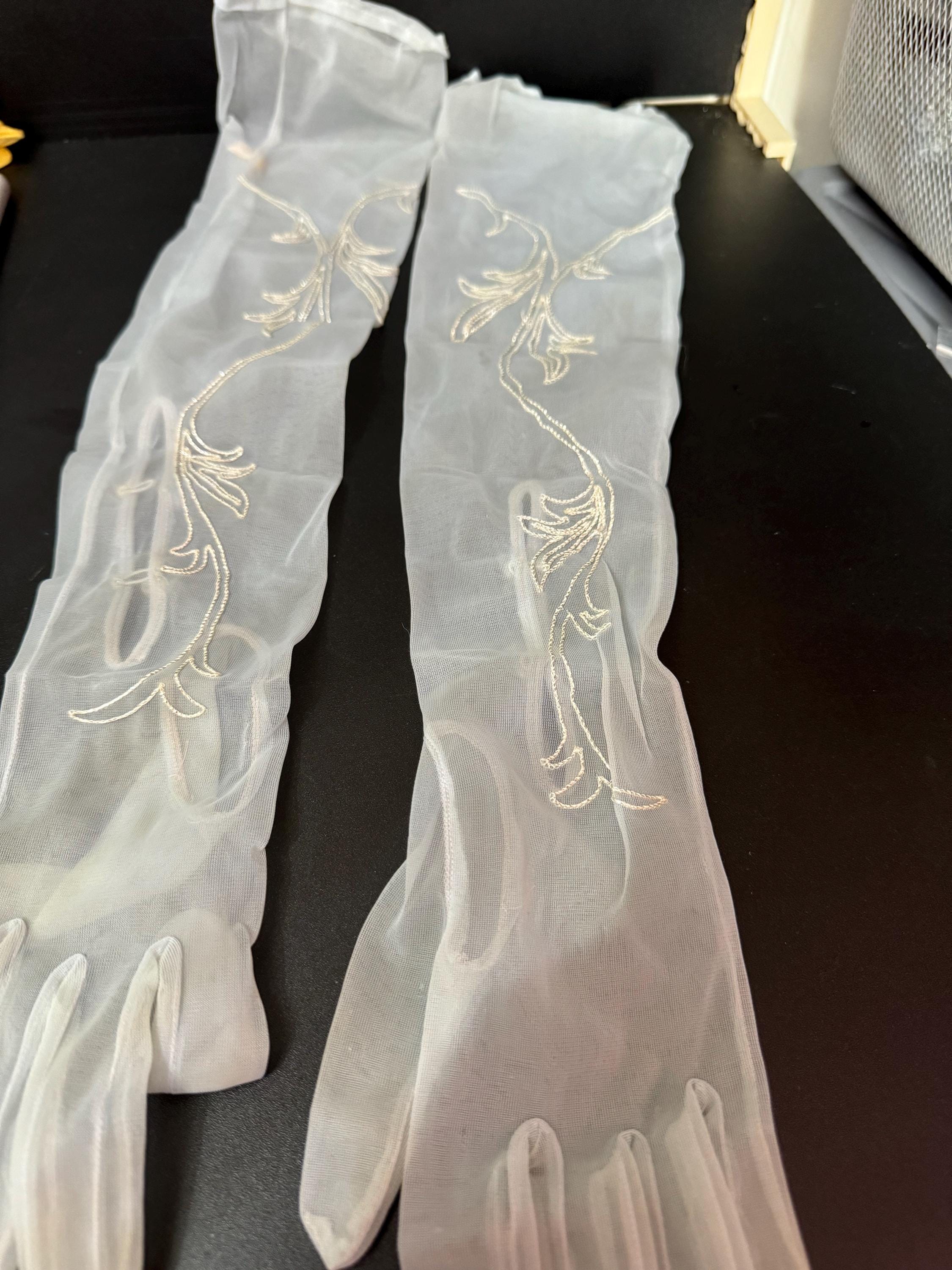 Size 6.5 DENTS Vintage pale blue Net Chiffon Formal sheer embroidered silver thread Cocktail evening gloves, 2 buttons 52cm long