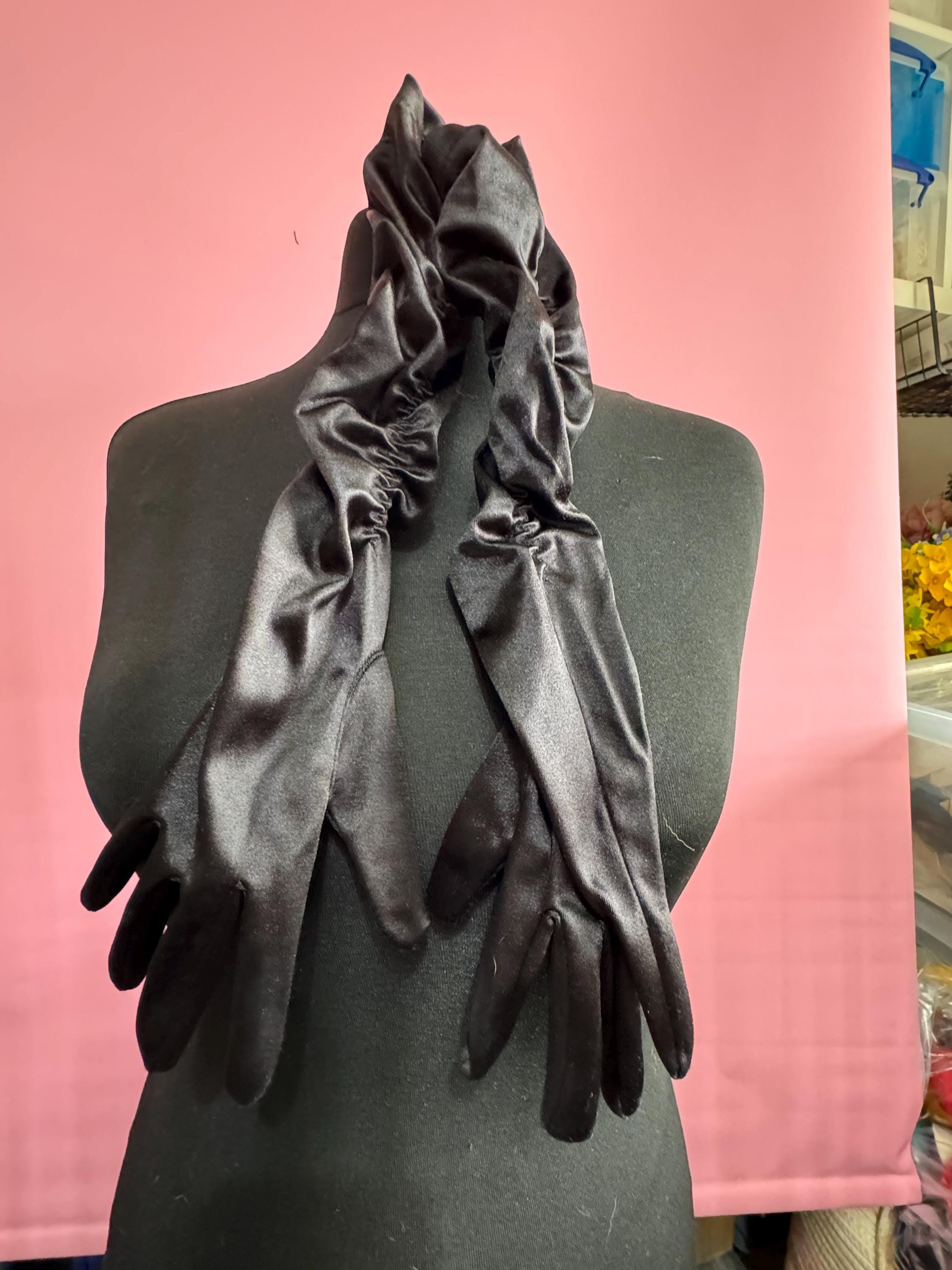 Size 7.5 M L RUCHED long black cocktail evening Gloves Vintage 39cm
