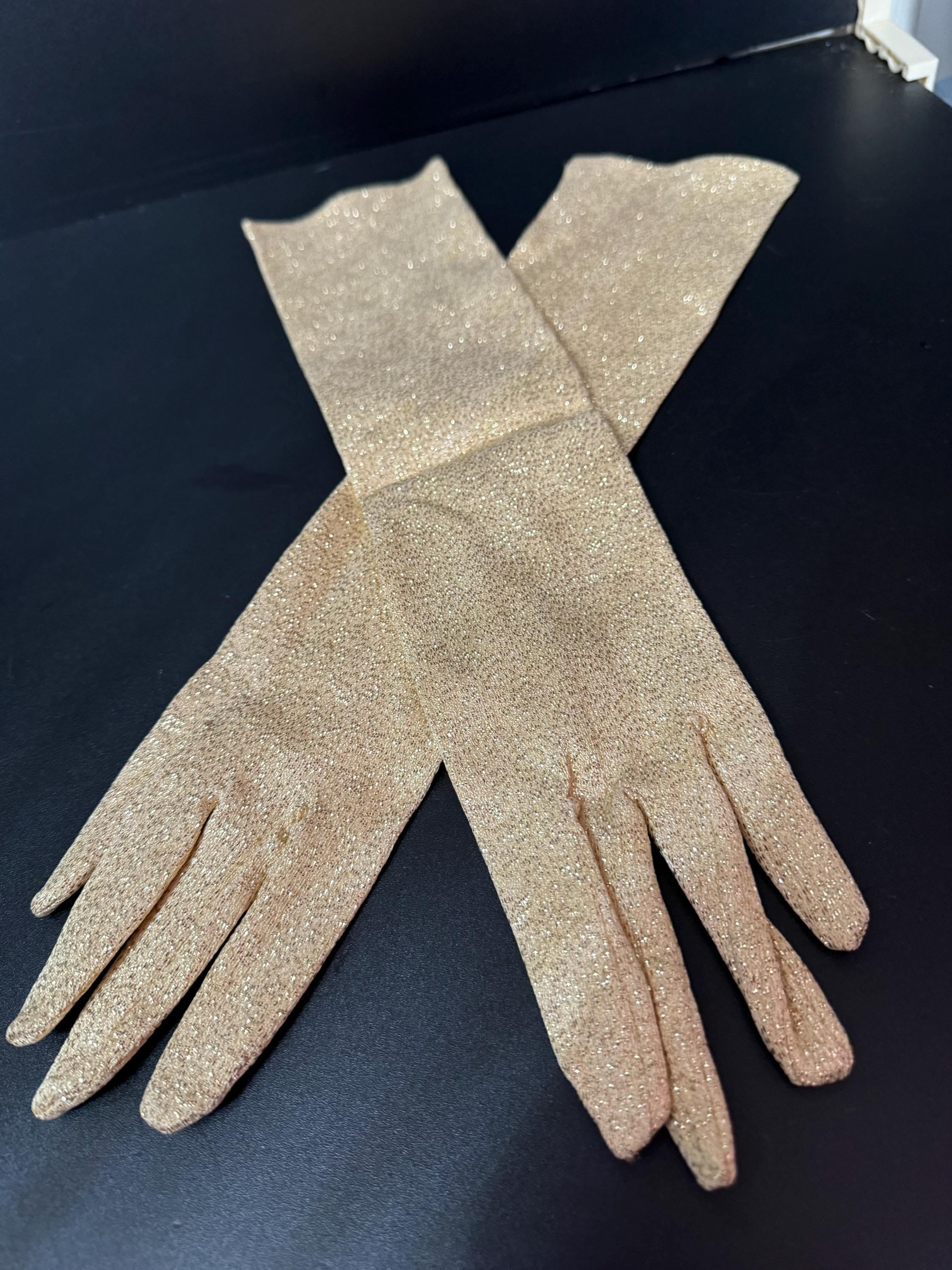 Size 7 Vintage bright GOLD LUREX Cream Ivory Formal long cocktail evening Gloves 38cm