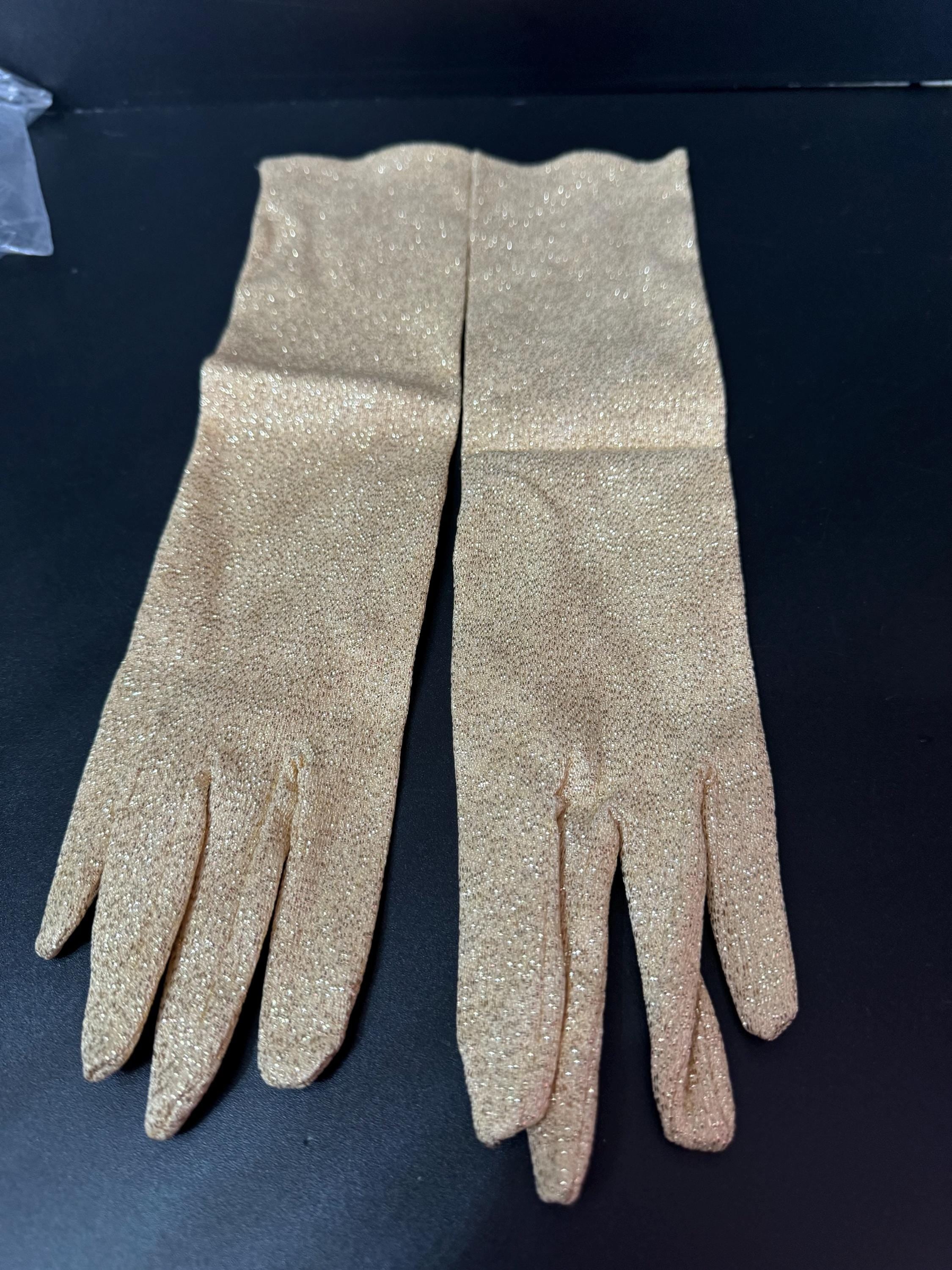 Size 7 Vintage bright GOLD LUREX Cream Ivory Formal long cocktail evening Gloves 38cm