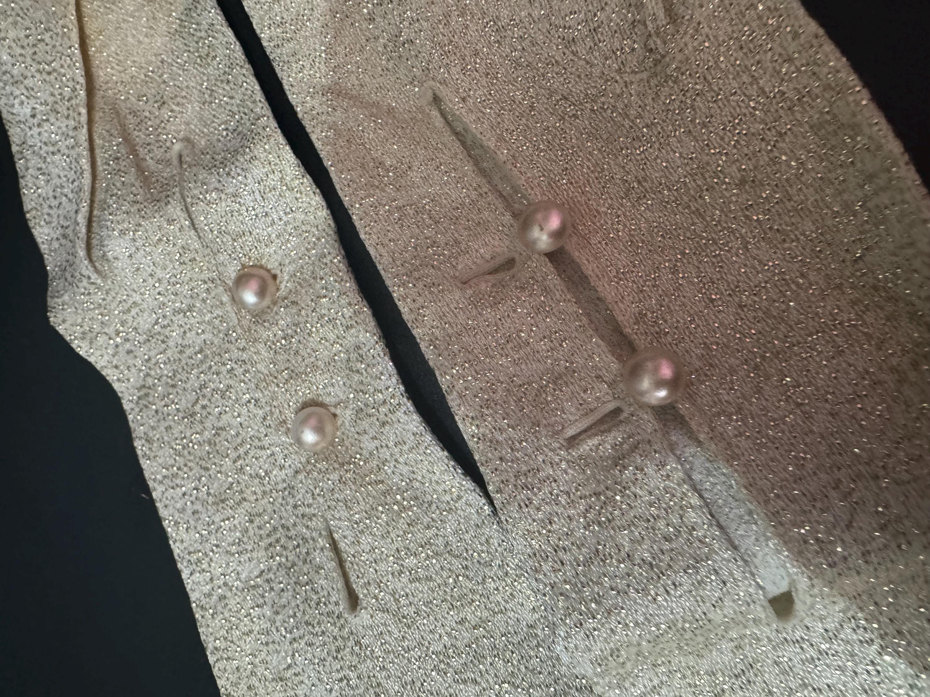 Size 6.5 to 7 Vintage 2 button GOLD LUREX Cream Ivory Formal long elbow length cocktail evening Gloves 46cm