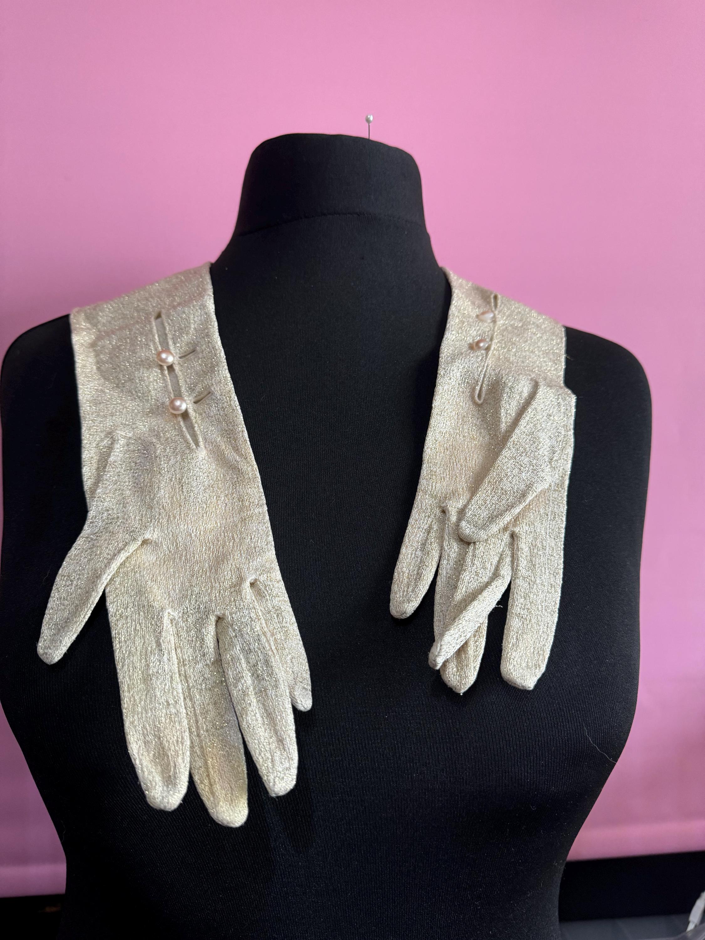 Size 6.5 to 7 Vintage 2 button GOLD LUREX Cream Ivory Formal long elbow length cocktail evening Gloves 46cm