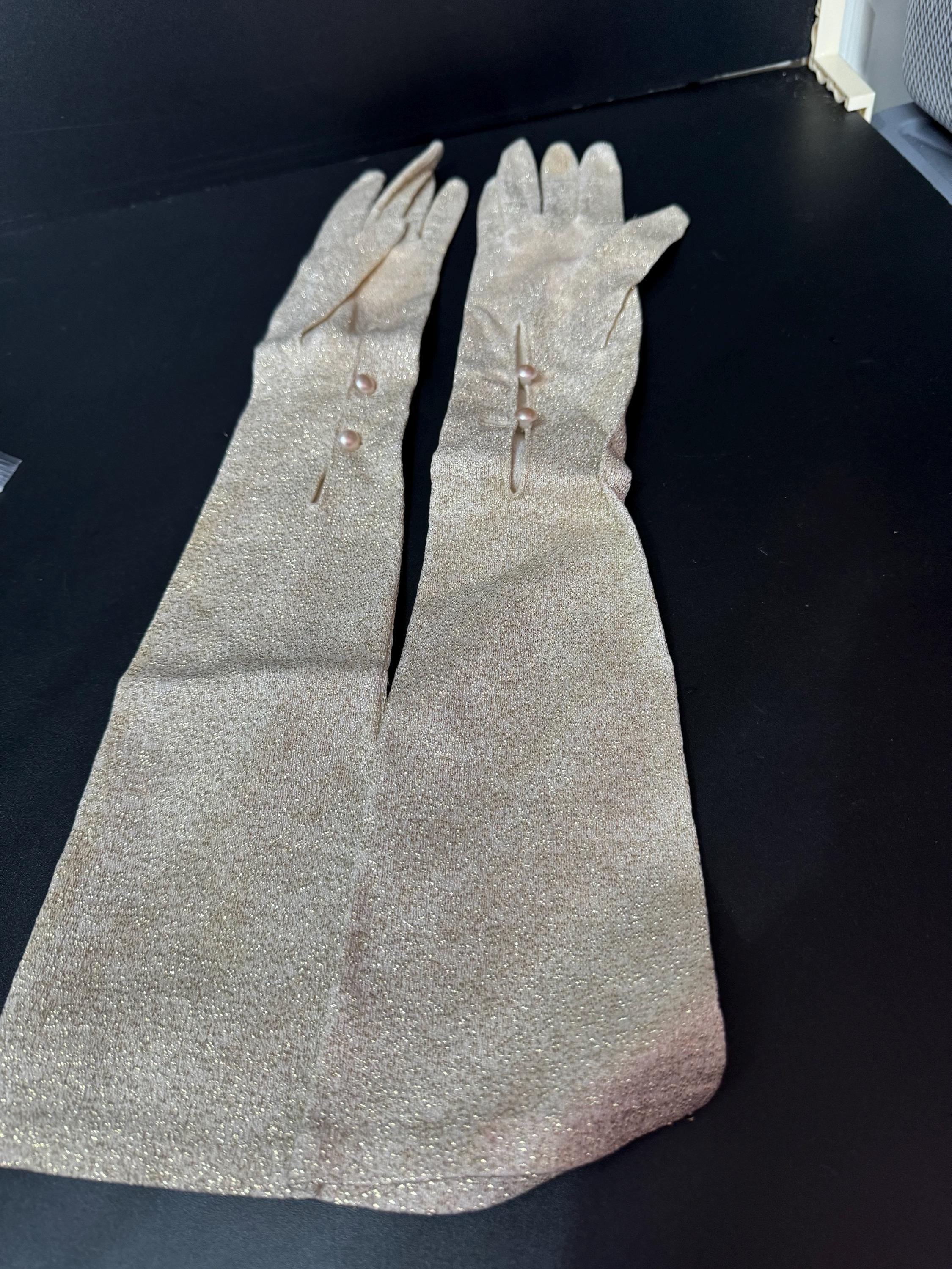 Size 6.5 to 7 Vintage 2 button GOLD LUREX Cream Ivory Formal long elbow length cocktail evening Gloves 46cm