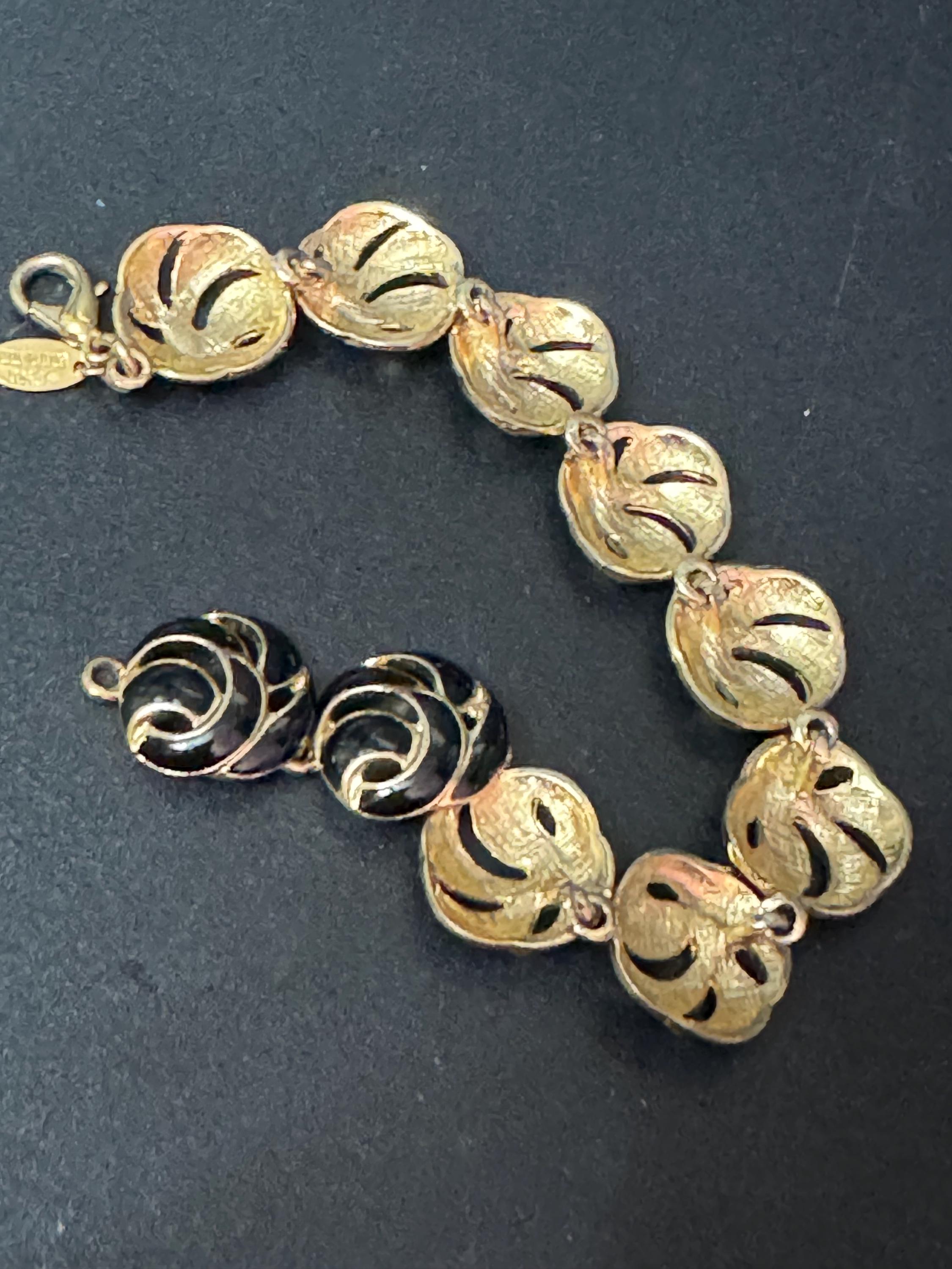 Vintage gold plated black enamel panel link bracelet 1980s 20.5cm