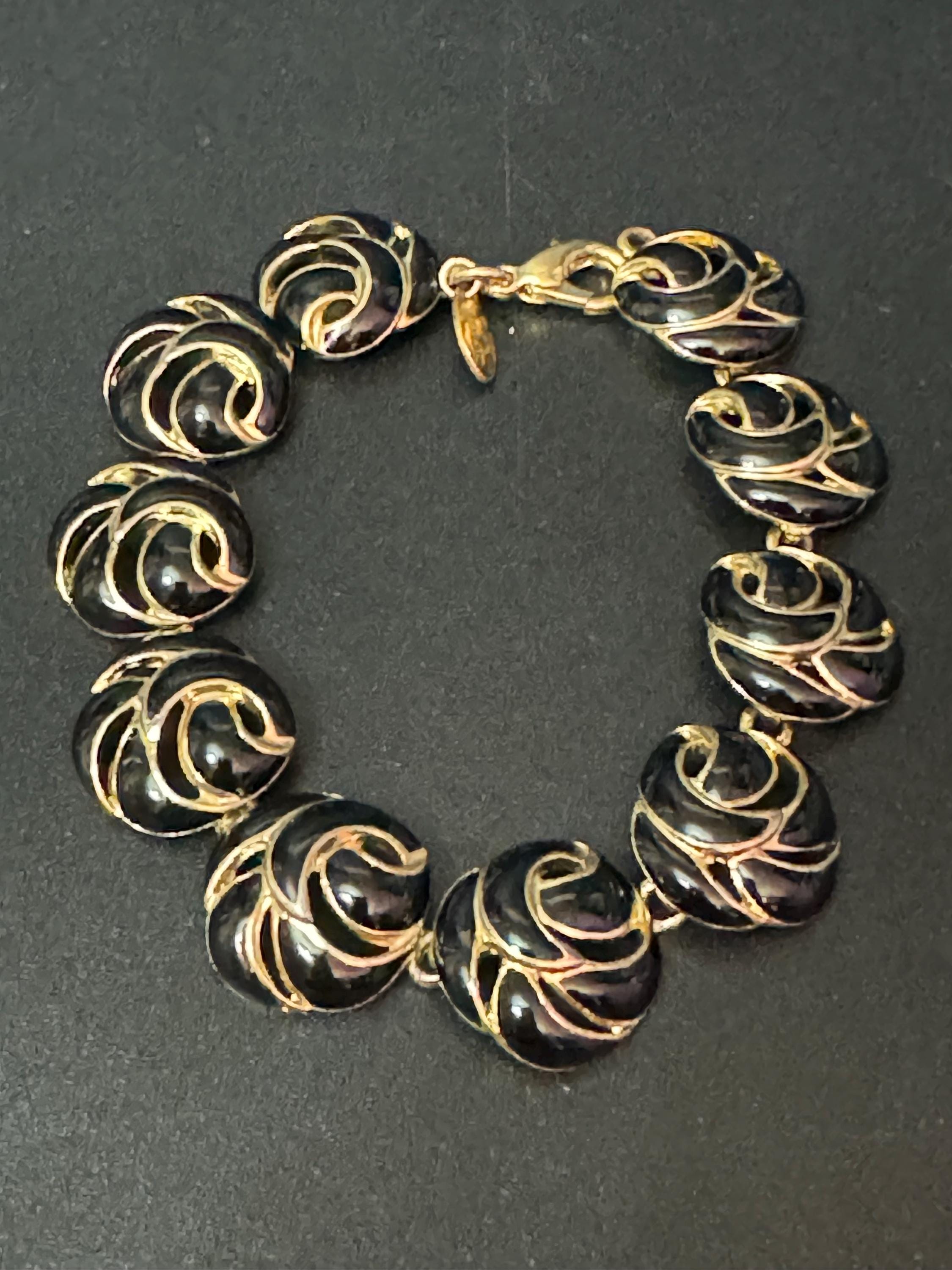 Vintage gold plated black enamel panel link bracelet 1980s 20.5cm