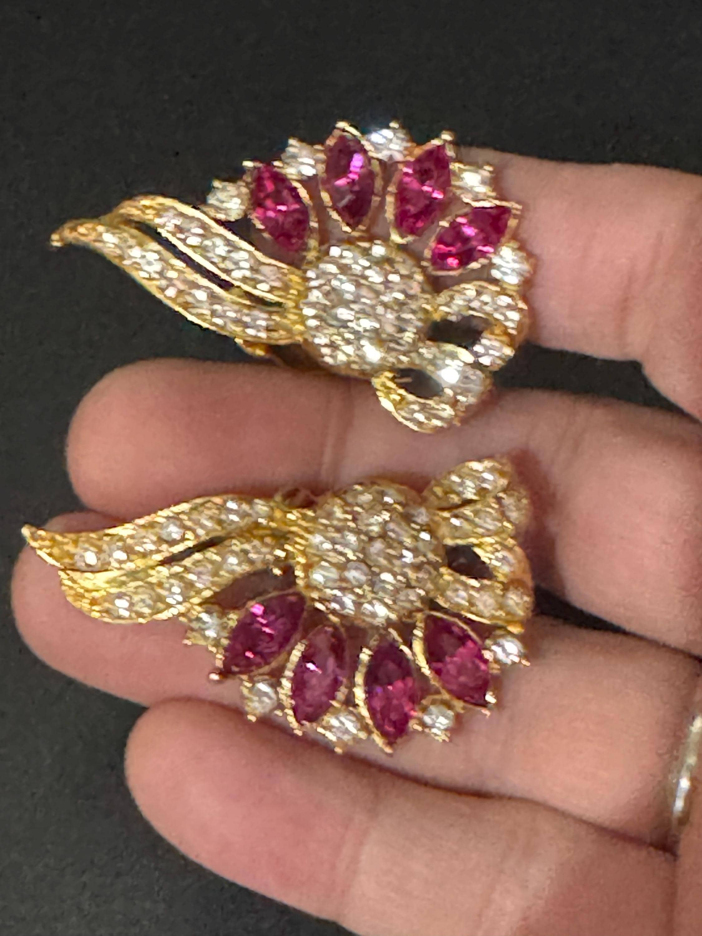 vintage oversized 5cm gold tone hot pink and clear Swarovski crystal fan shaped stud earrings 1980s old shop stock