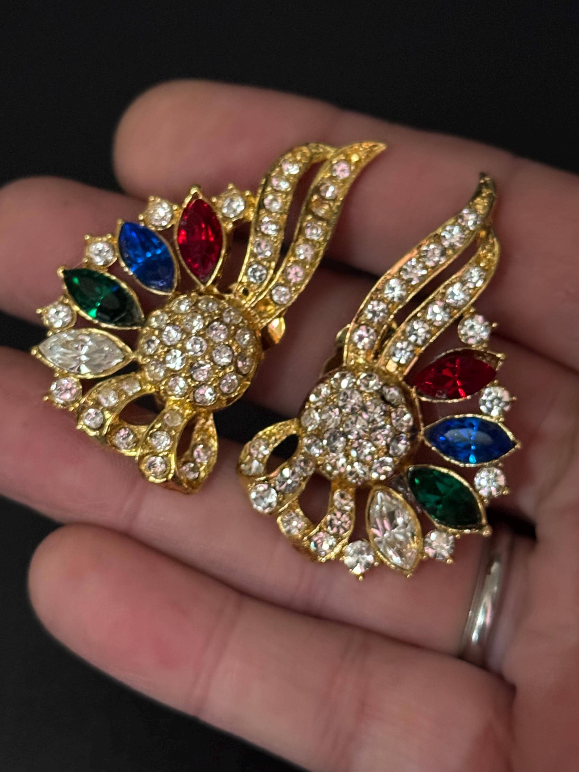 vintage oversized 5cm gold tone blue green red and clear Swarovski crystal fan shaped stud earrings 1980s old shop stock