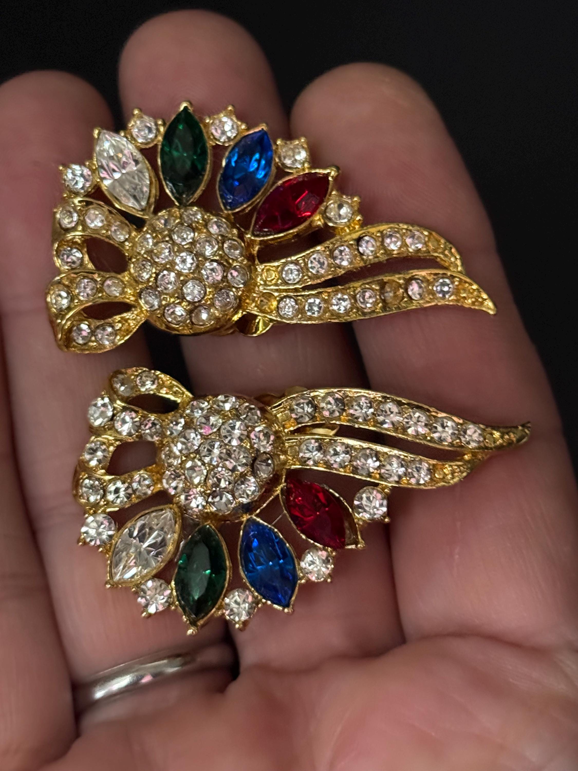 vintage oversized 5cm gold tone blue green red and clear Swarovski crystal fan shaped stud earrings 1980s old shop stock
