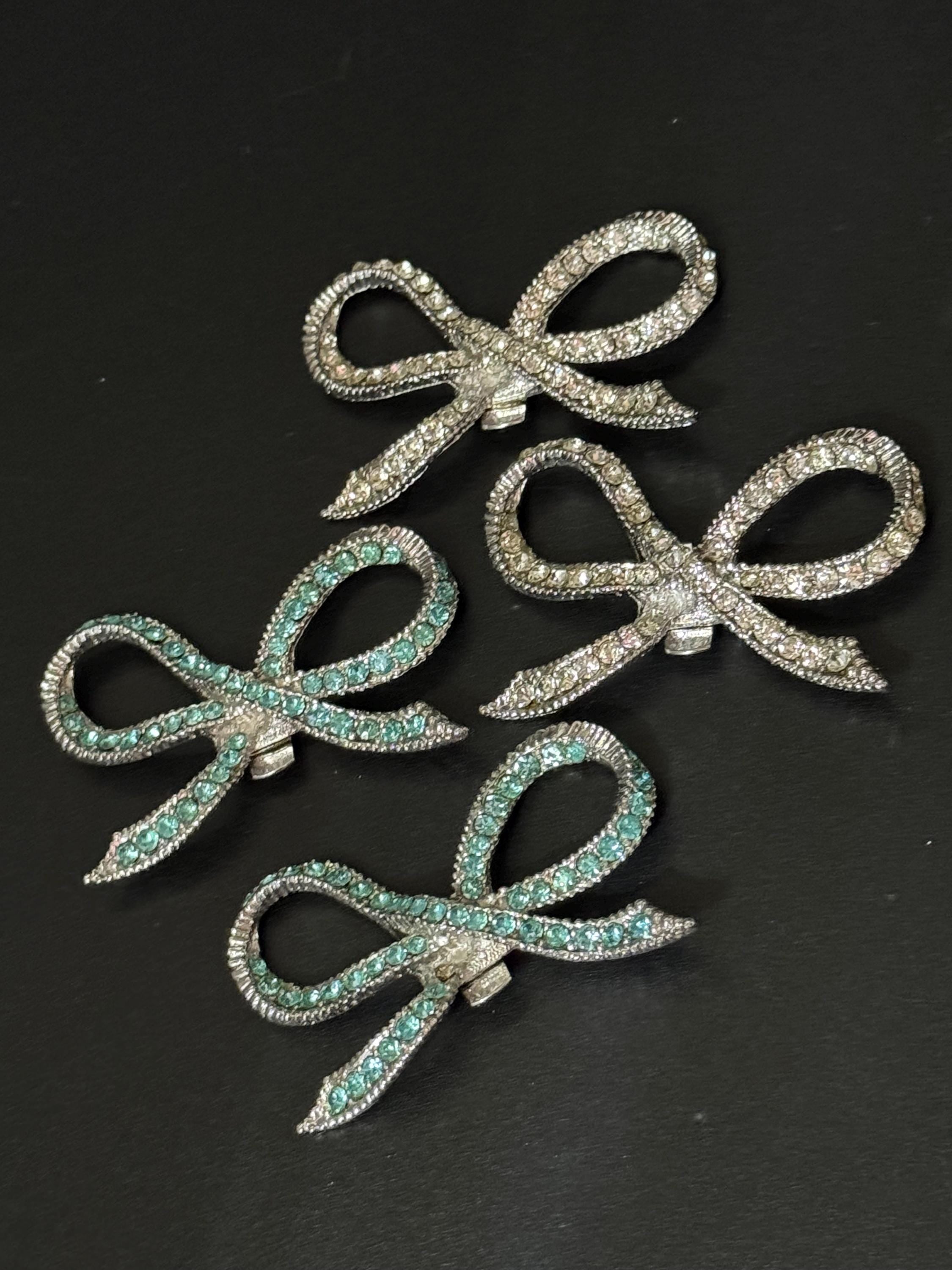 vintage Swarovski rhinestone pair of silver tone bow shoe or dress clip clear Glass diamanté paste 6cm wide