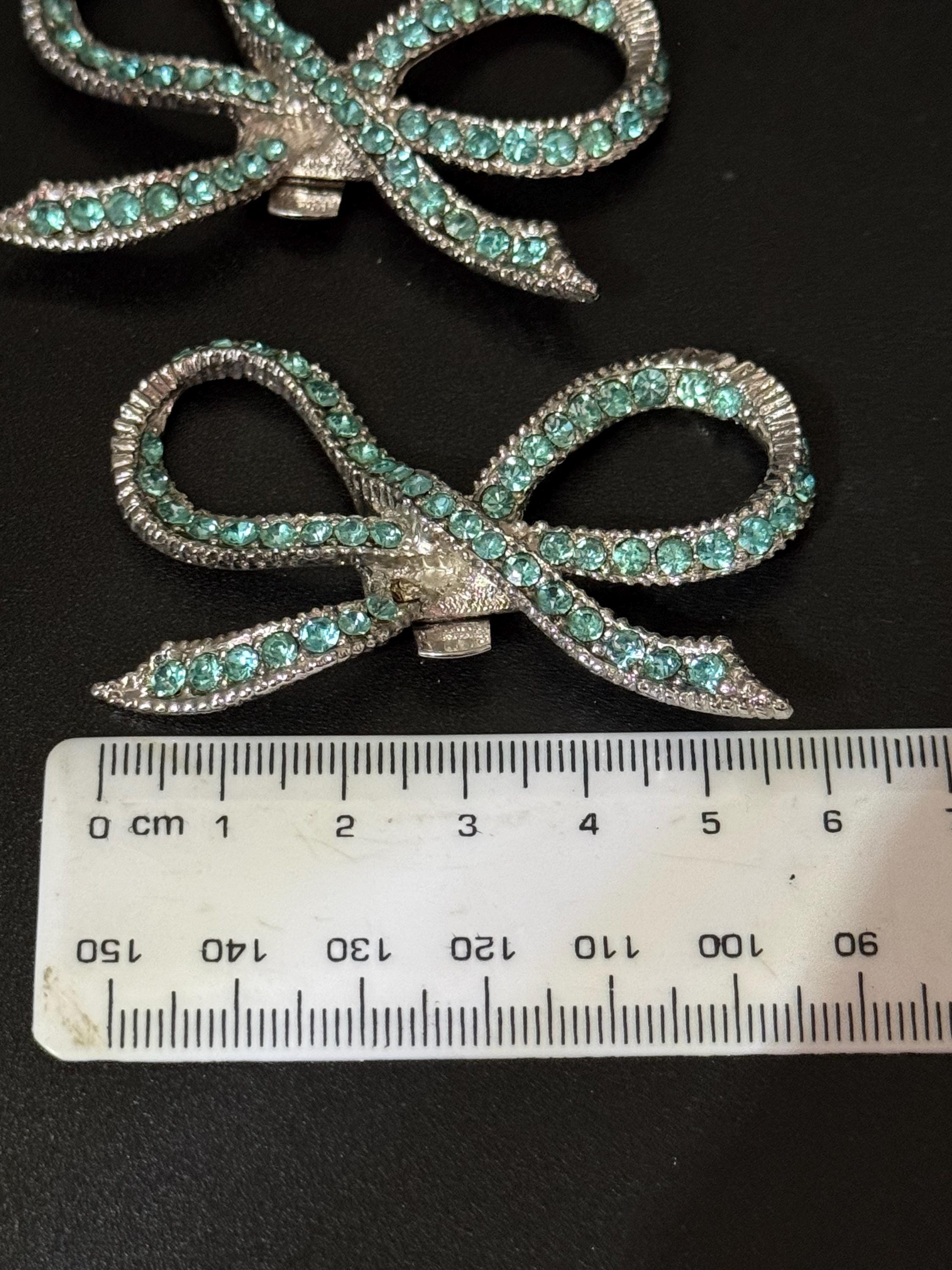 vintage Swarovski rhinestone pair of silver tone bow shoe or dress clip turquoise blue  Glass diamanté paste 6cm wide