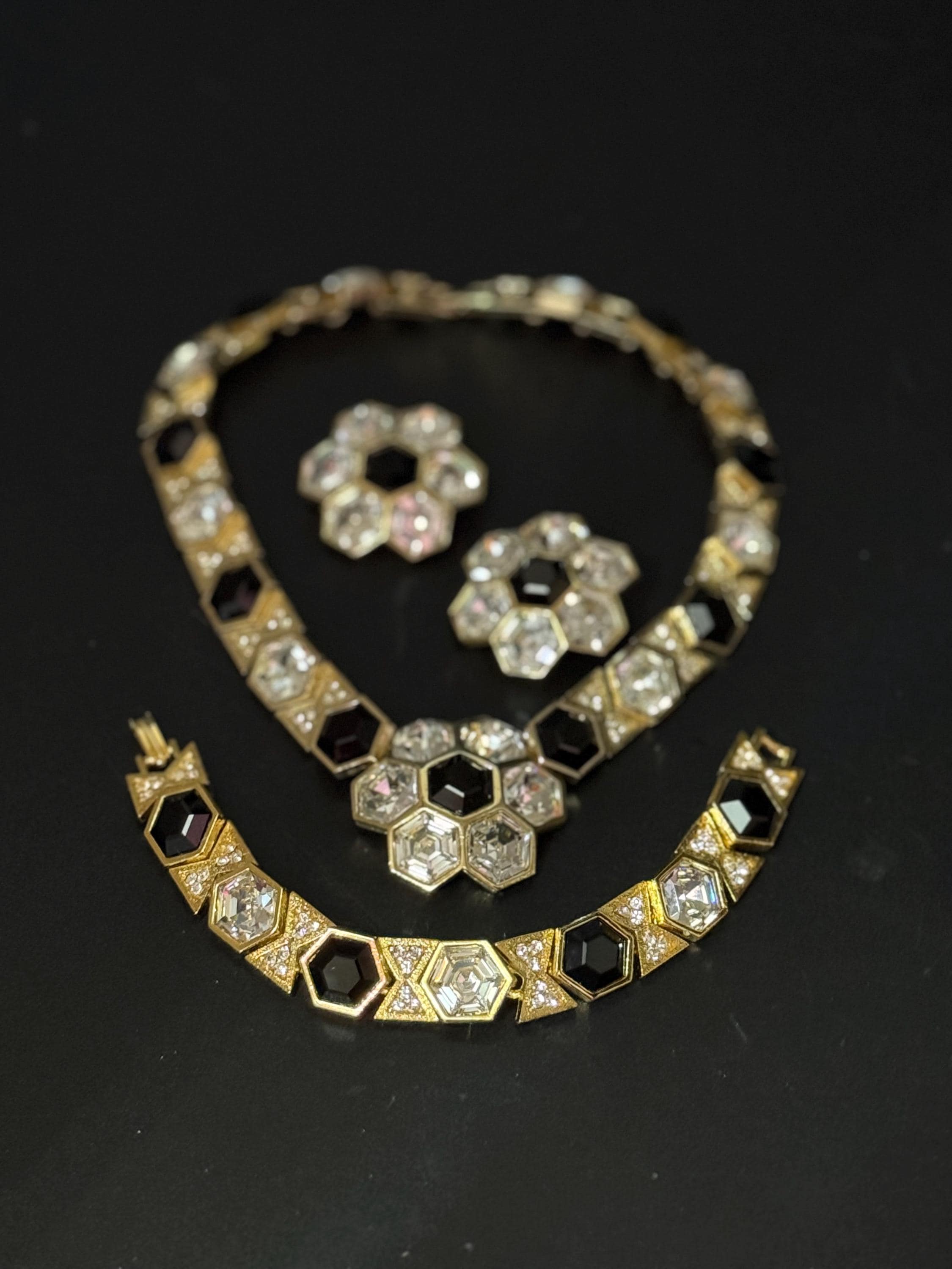 vintage gold tone octagonal ruby black and clear Swarovski crystal cocktail necklace bracelet and matching clip on earrings jewellery set