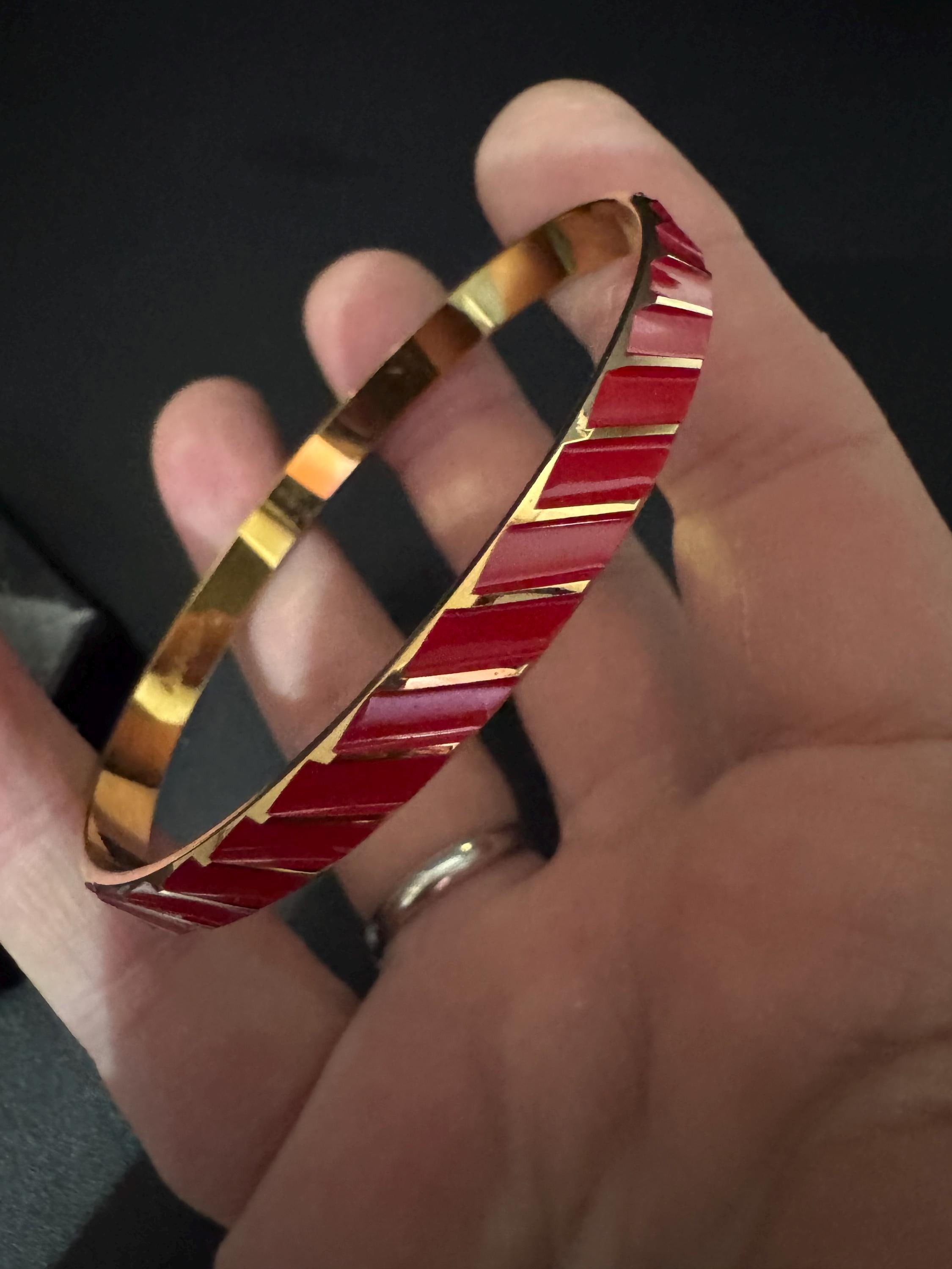Signed Napier gold plated bright red enamel geometric bangle bracelet vintage 6mm boxed