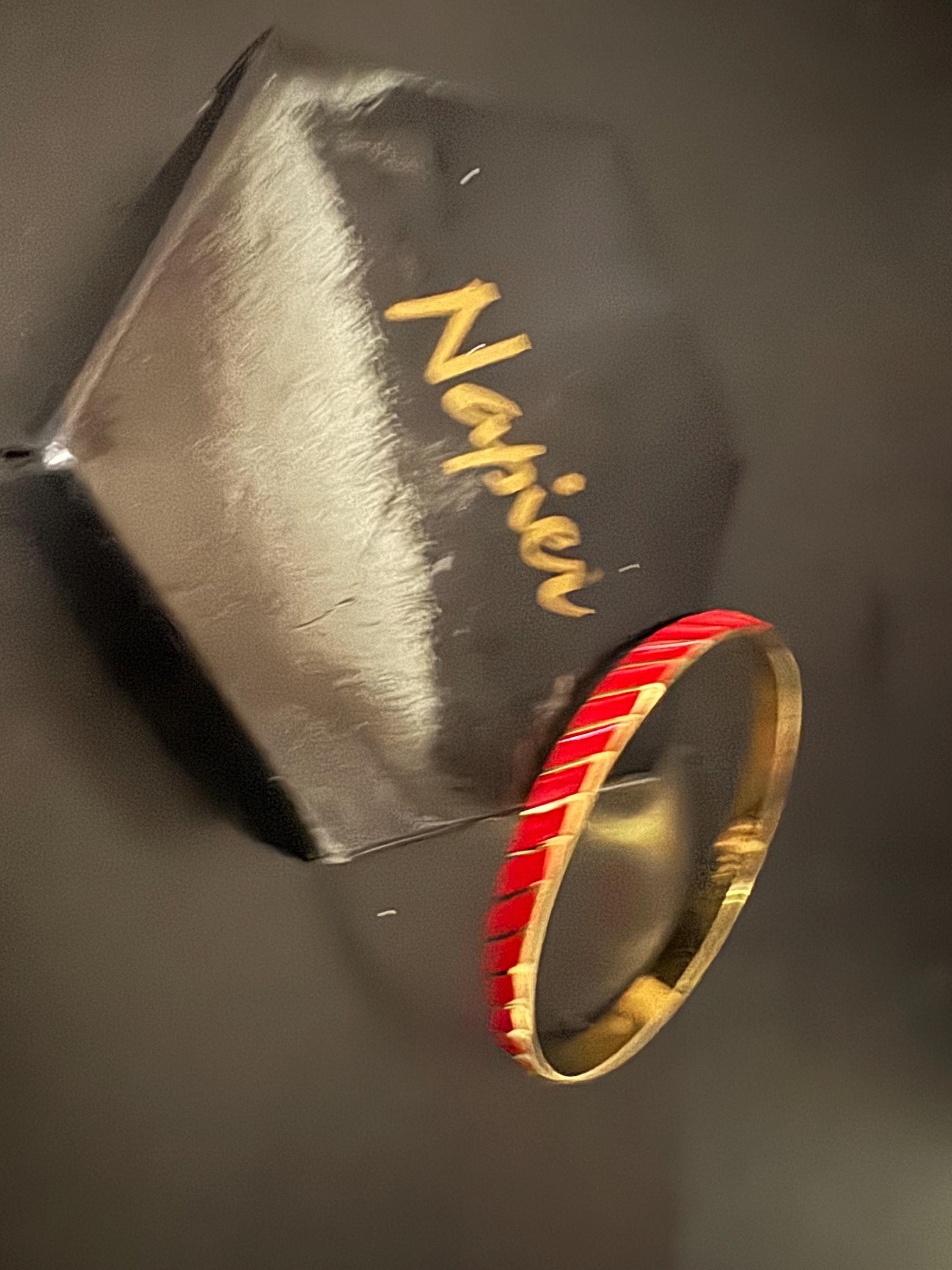 Signed Napier gold plated bright red enamel geometric bangle bracelet vintage 6mm boxed