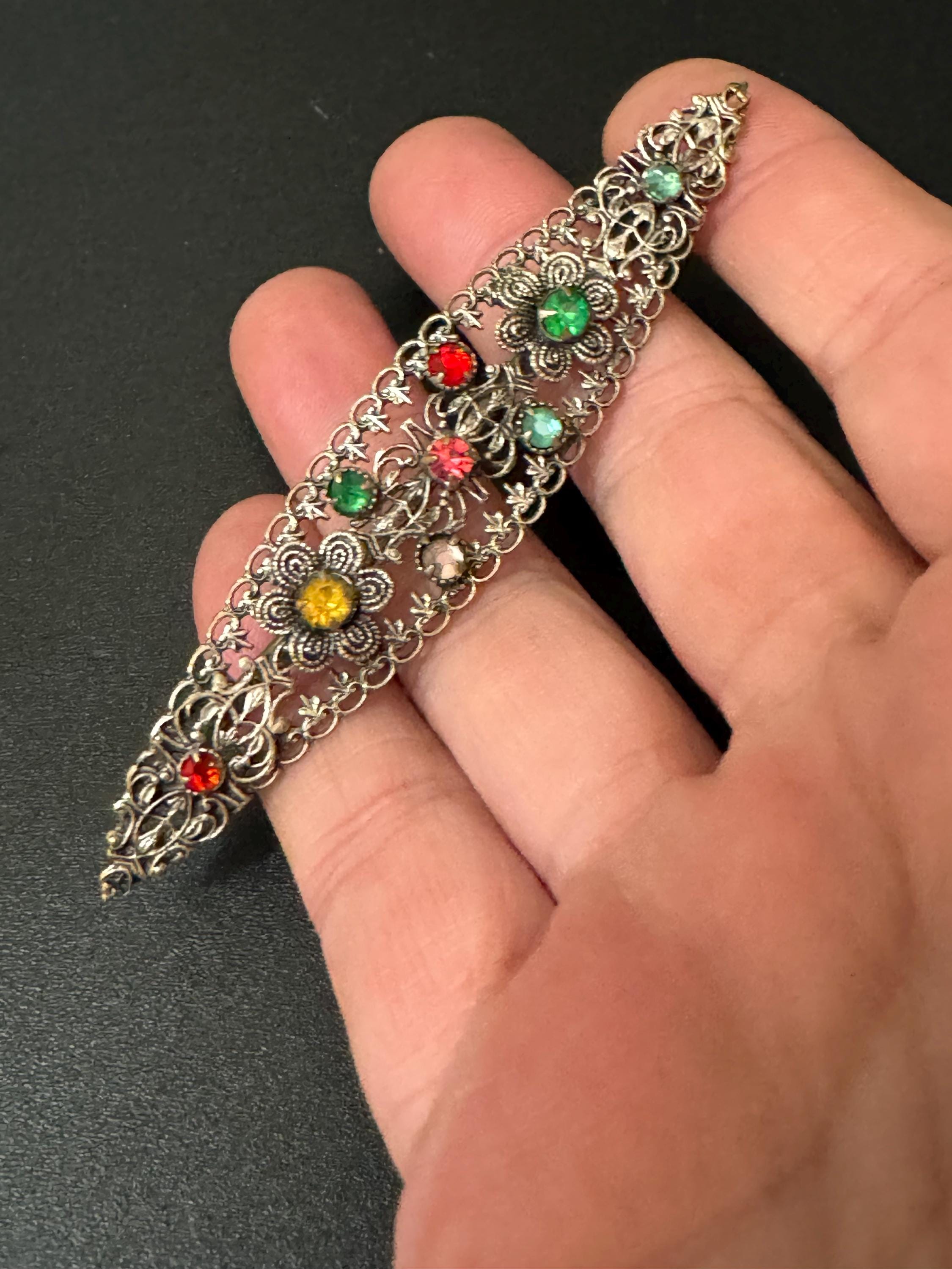 XL 9cm Huge Czech Filigree Antique Brooch Emerald ruby Paste Rhinestone Diamanté Vintage 1920s
