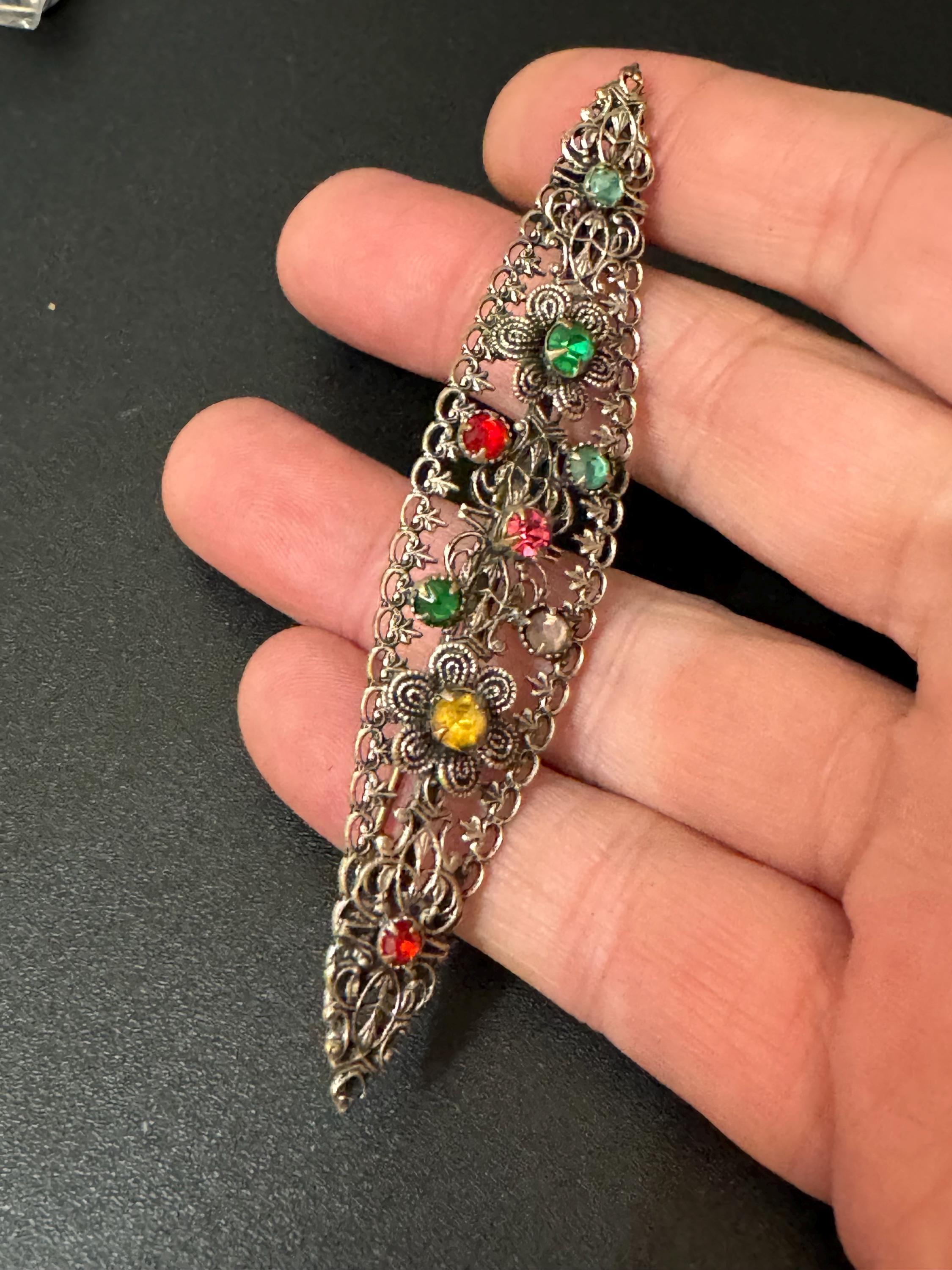 XL 9cm Huge Czech Filigree Antique Brooch Emerald ruby Paste Rhinestone Diamanté Vintage 1920s