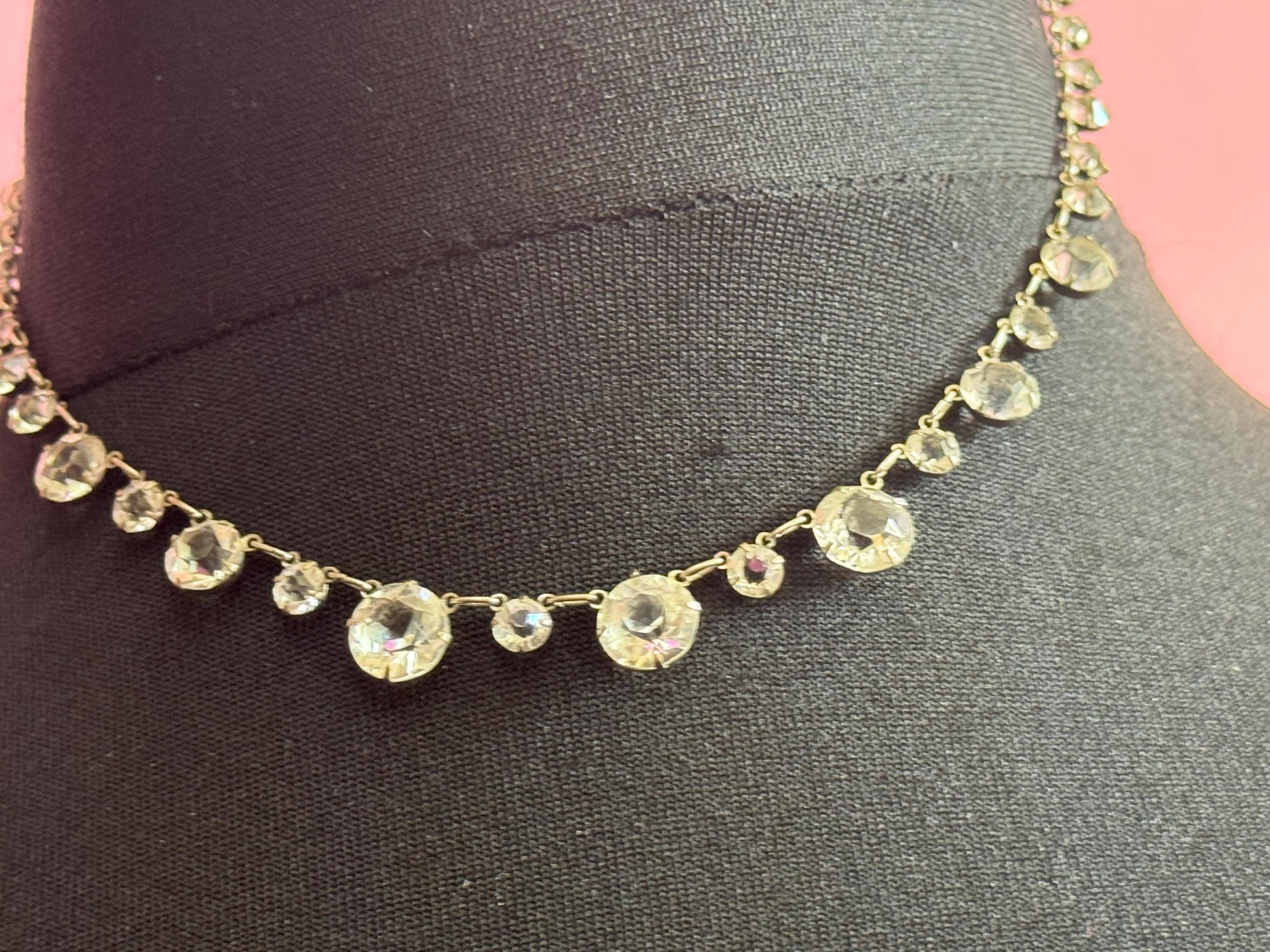 39cm dainty petite fit Art Deco sterling silver open back crystal clear diamanté Paste Rhinestone glass necklace 1920s
