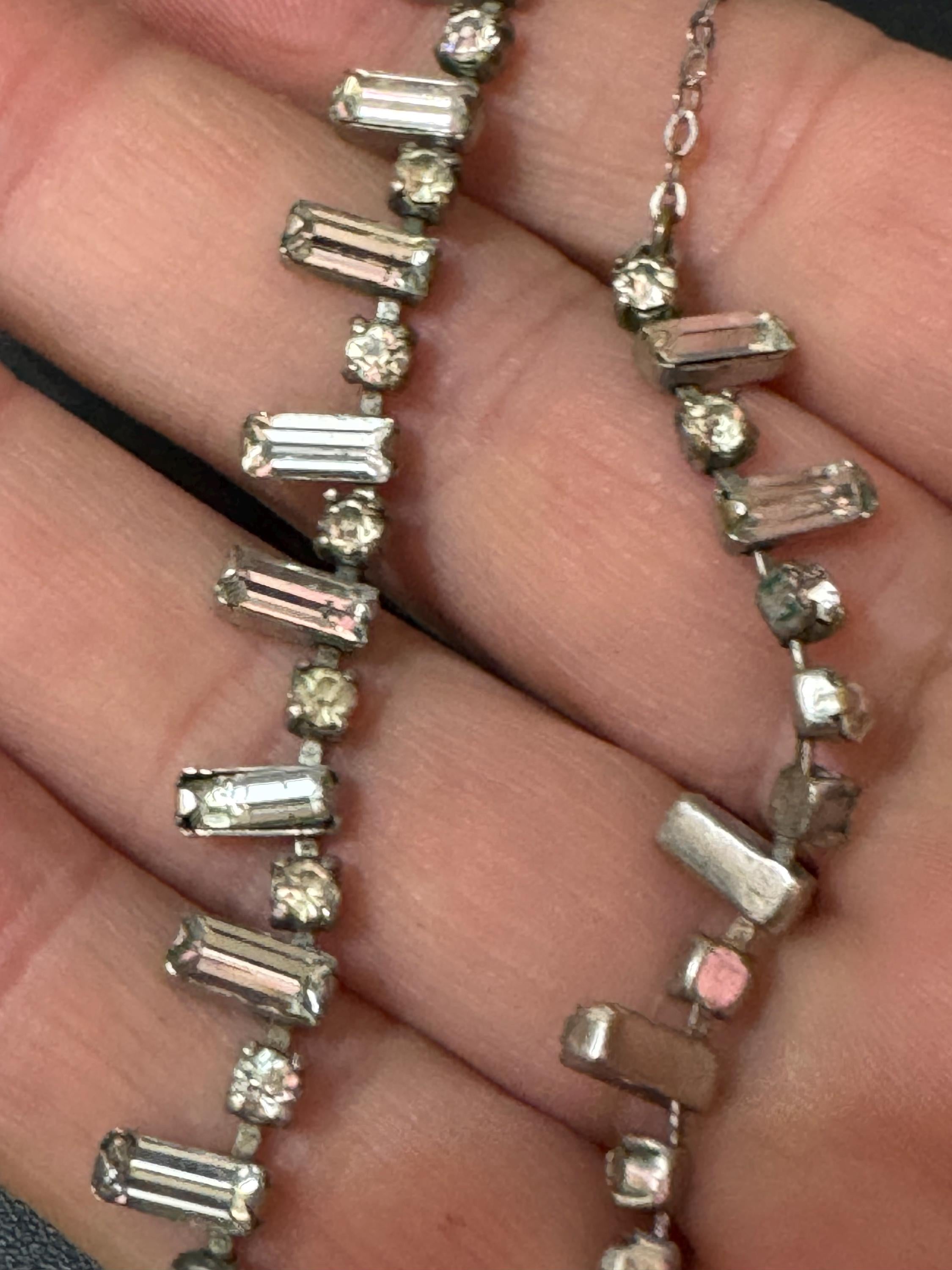 Vintage Art Deco Diamanté Necklace: Chrome Baguette Prong Set