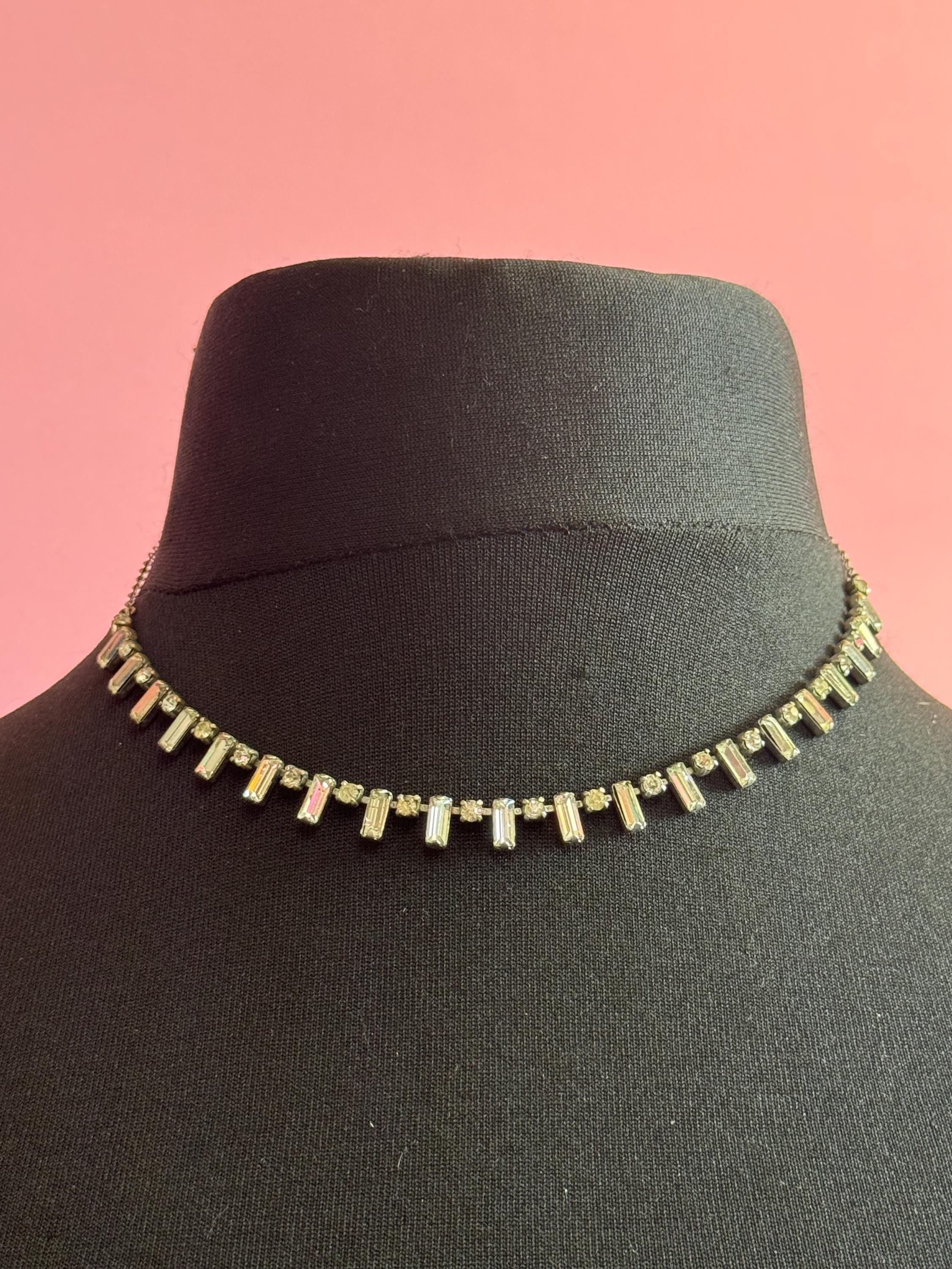 Vintage Art Deco Diamanté Necklace: Chrome Baguette Prong Set