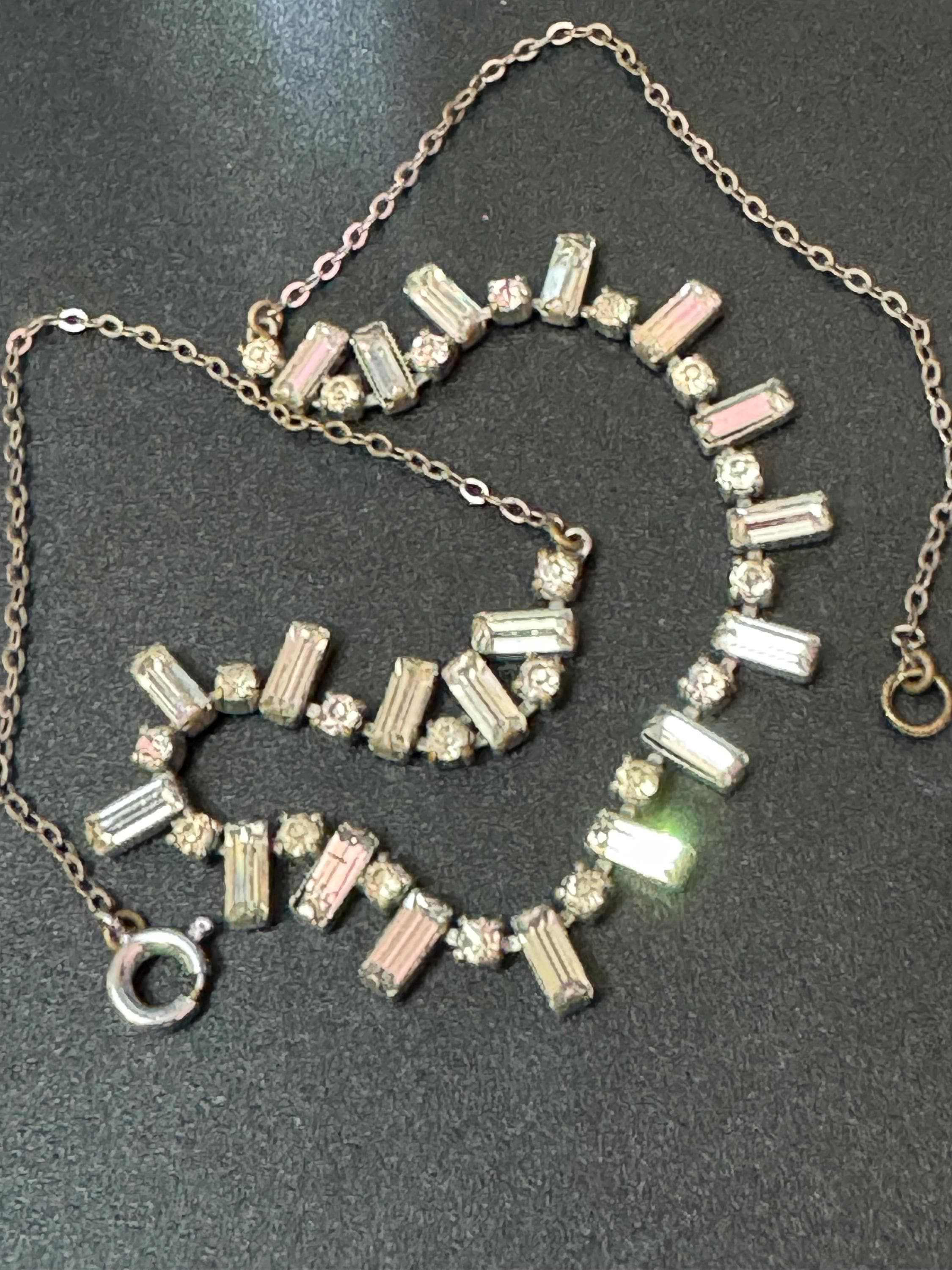 Vintage Art Deco Diamanté Necklace: Chrome Baguette Prong Set