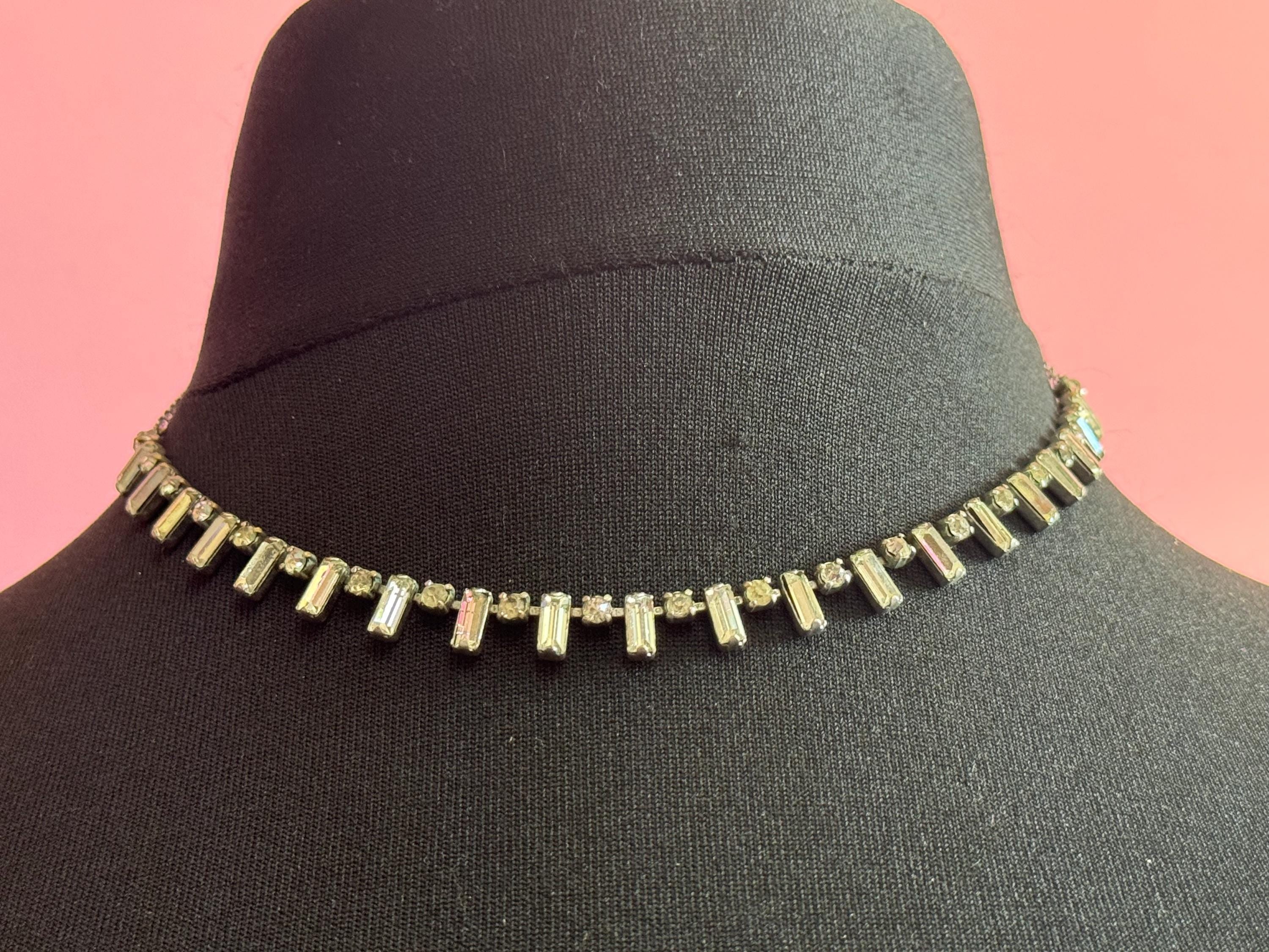 Vintage Art Deco Diamanté Necklace: Chrome Baguette Prong Set