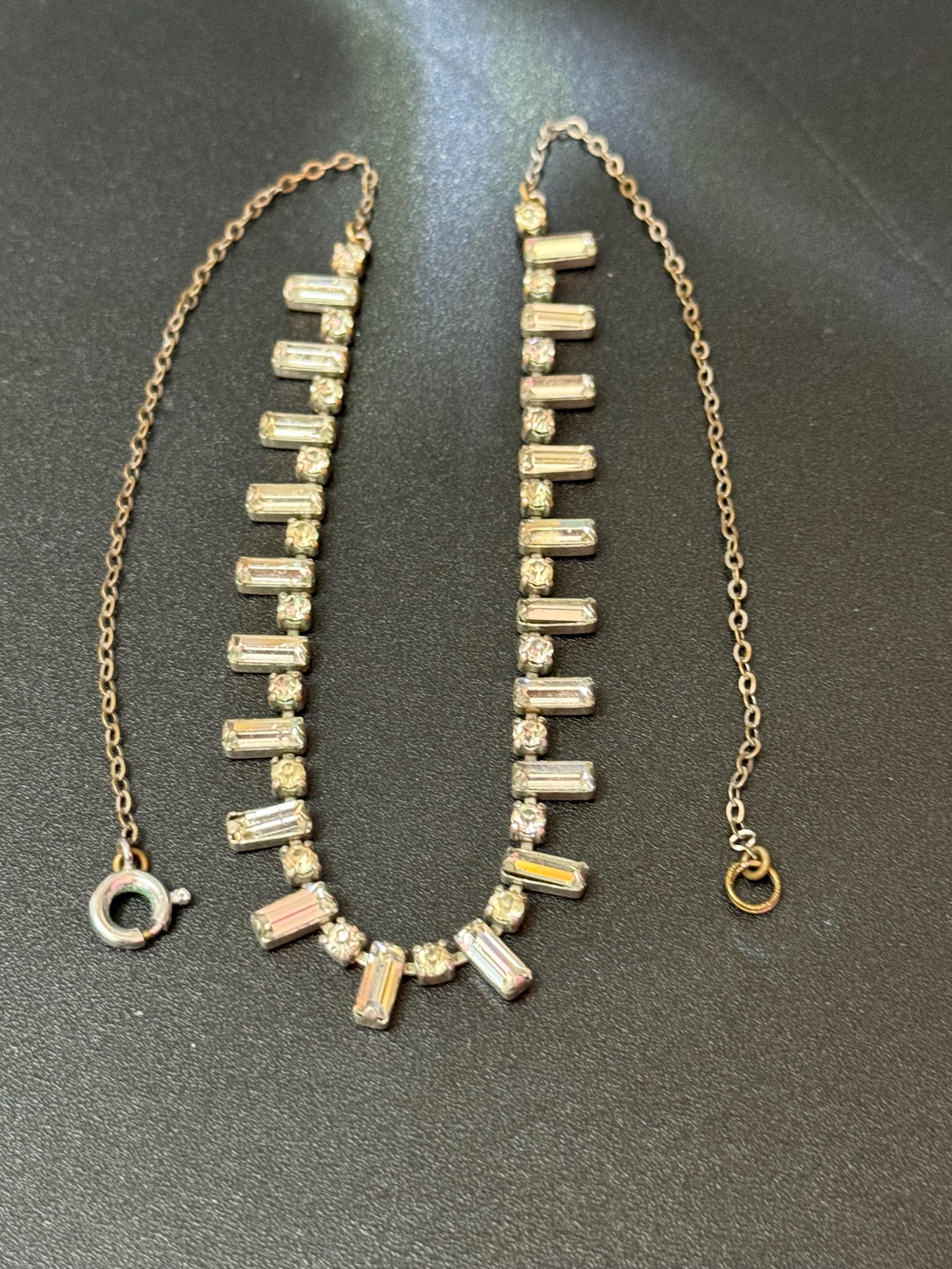 Vintage Art Deco Diamanté Necklace: Chrome Baguette Prong Set