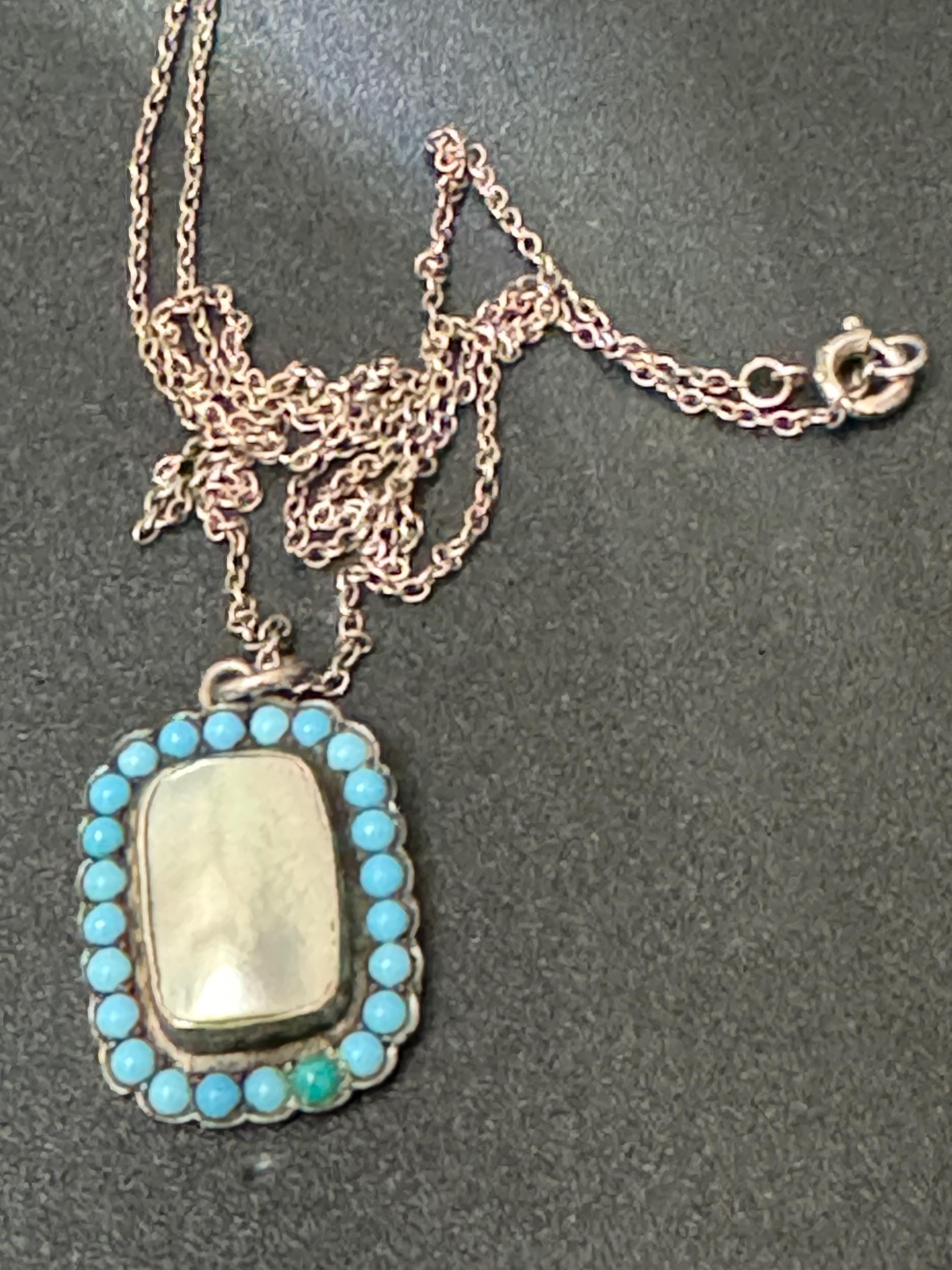 Antique Edwardian silver and turquoise beaded pearl pendant on a fine 925 sterling chain 52cm