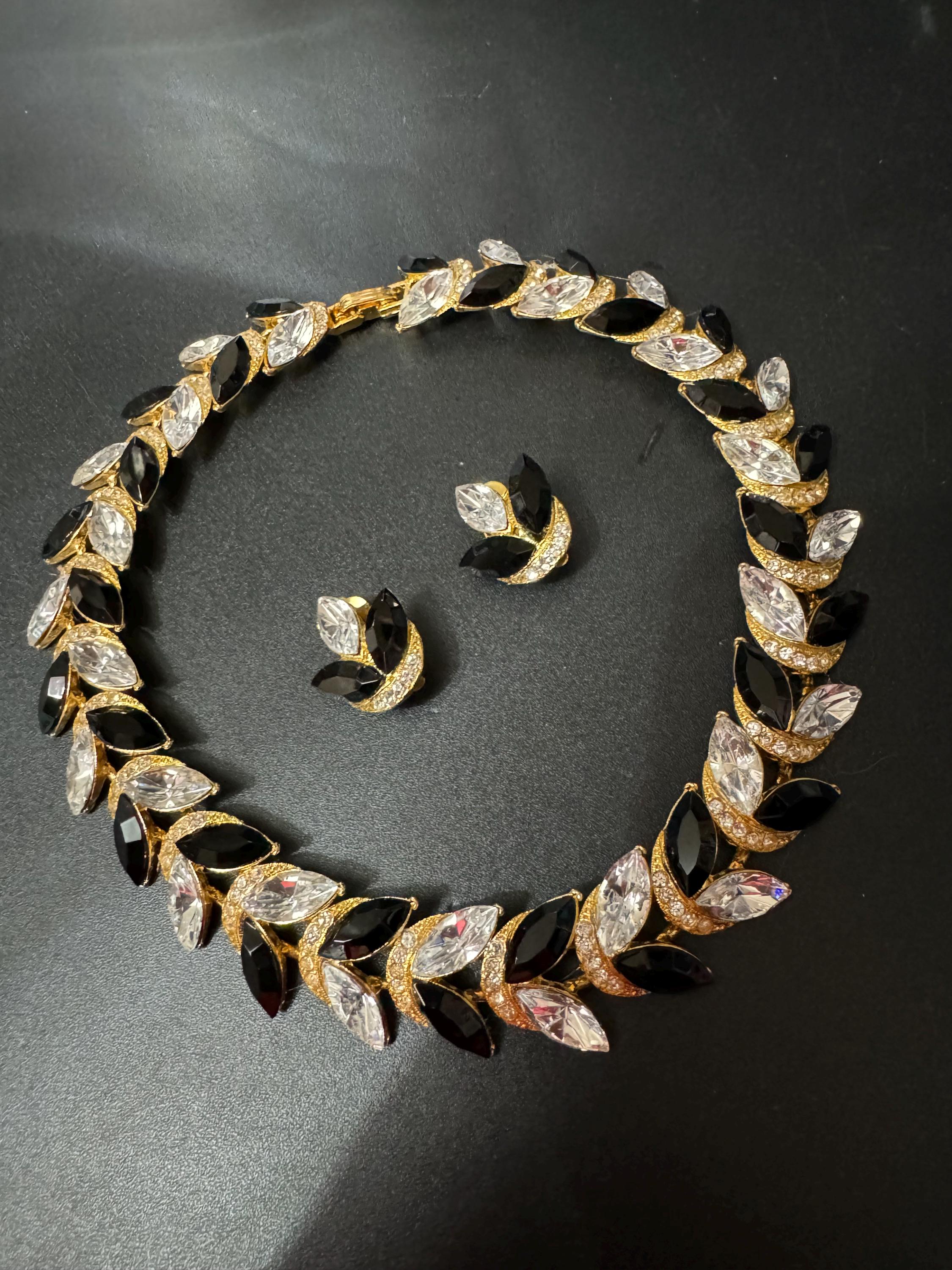 Petite fit 39cm Vintage black and clear genuine Swarovski crystal gold tone necklace and clip on earrings jewellery set
