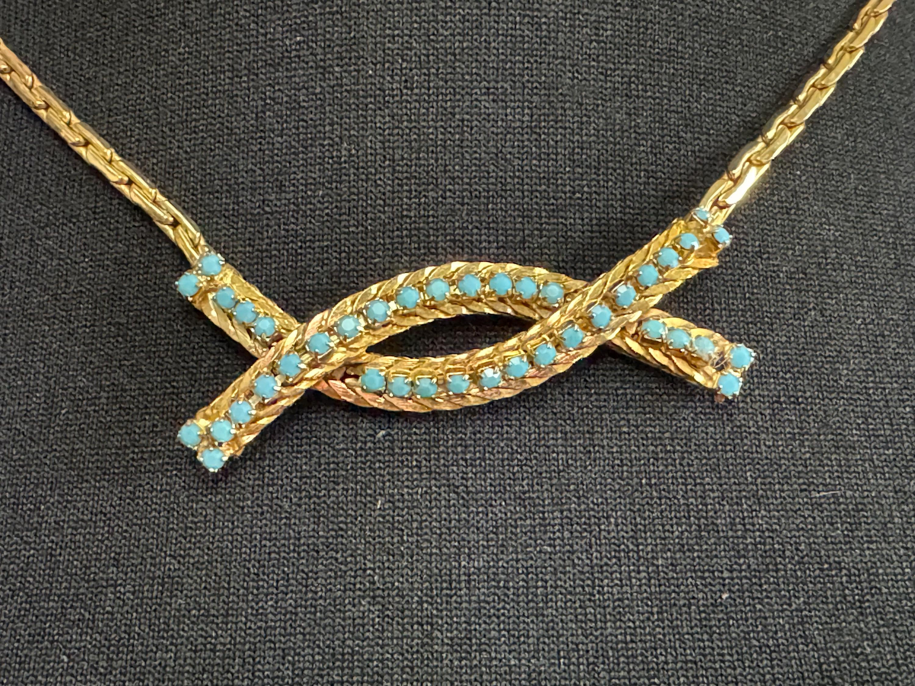 Vintage gold tone mesh collar necklace with turquoise glass paste stones