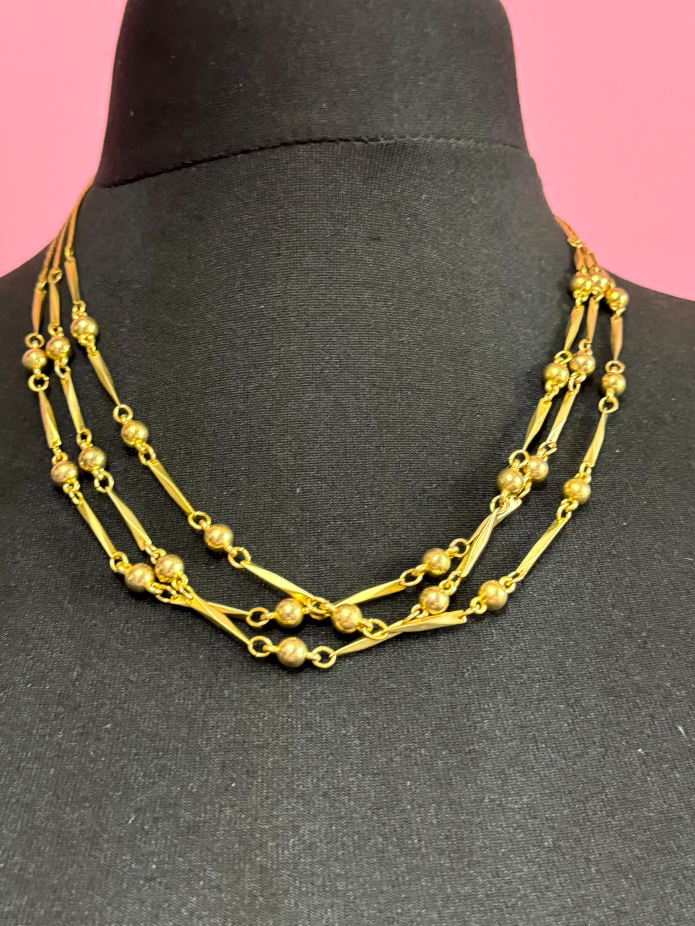 Vintage gold tone modernist ball bead triple row collar necklace