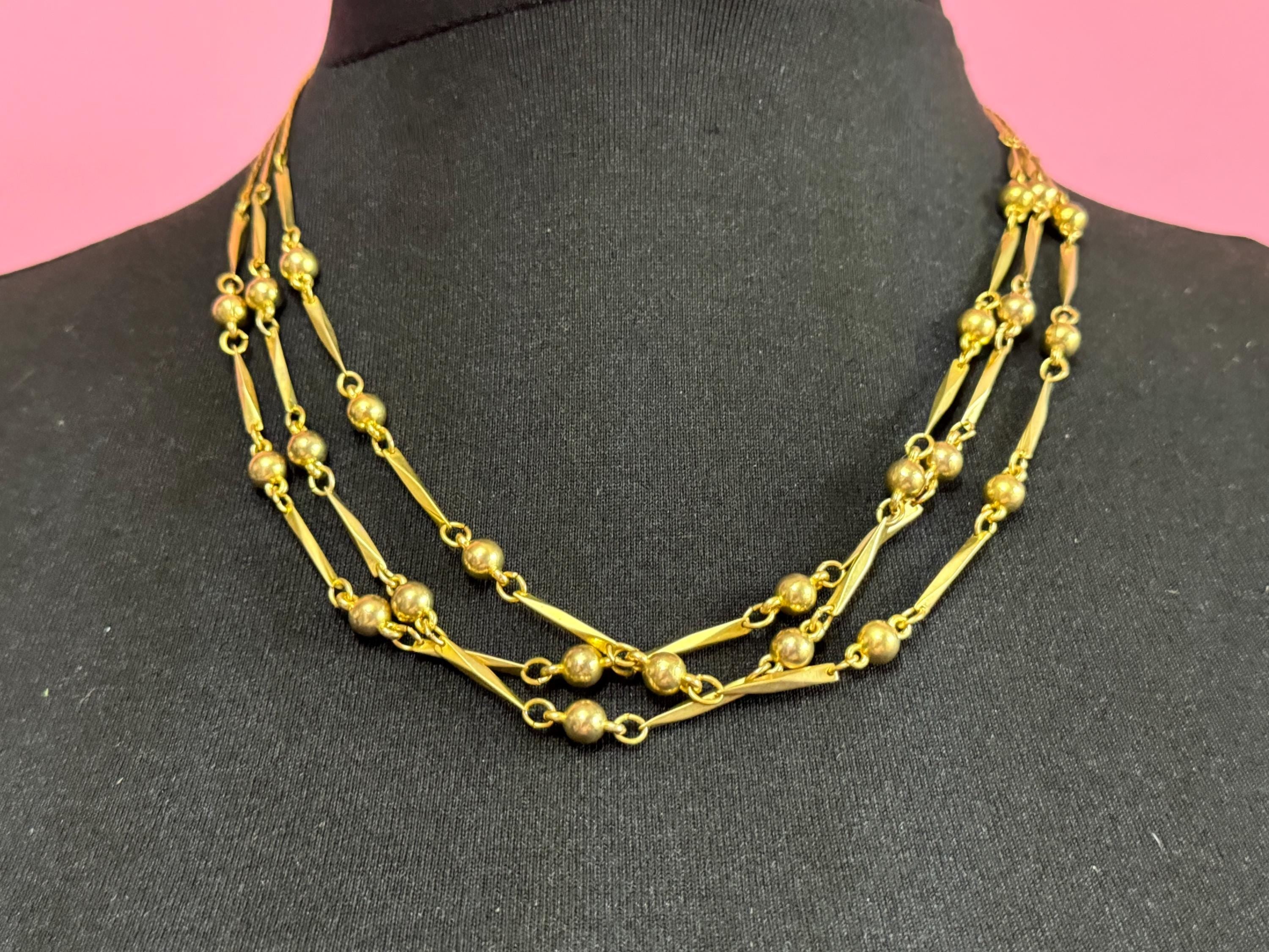 Vintage gold tone modernist ball bead triple row collar necklace