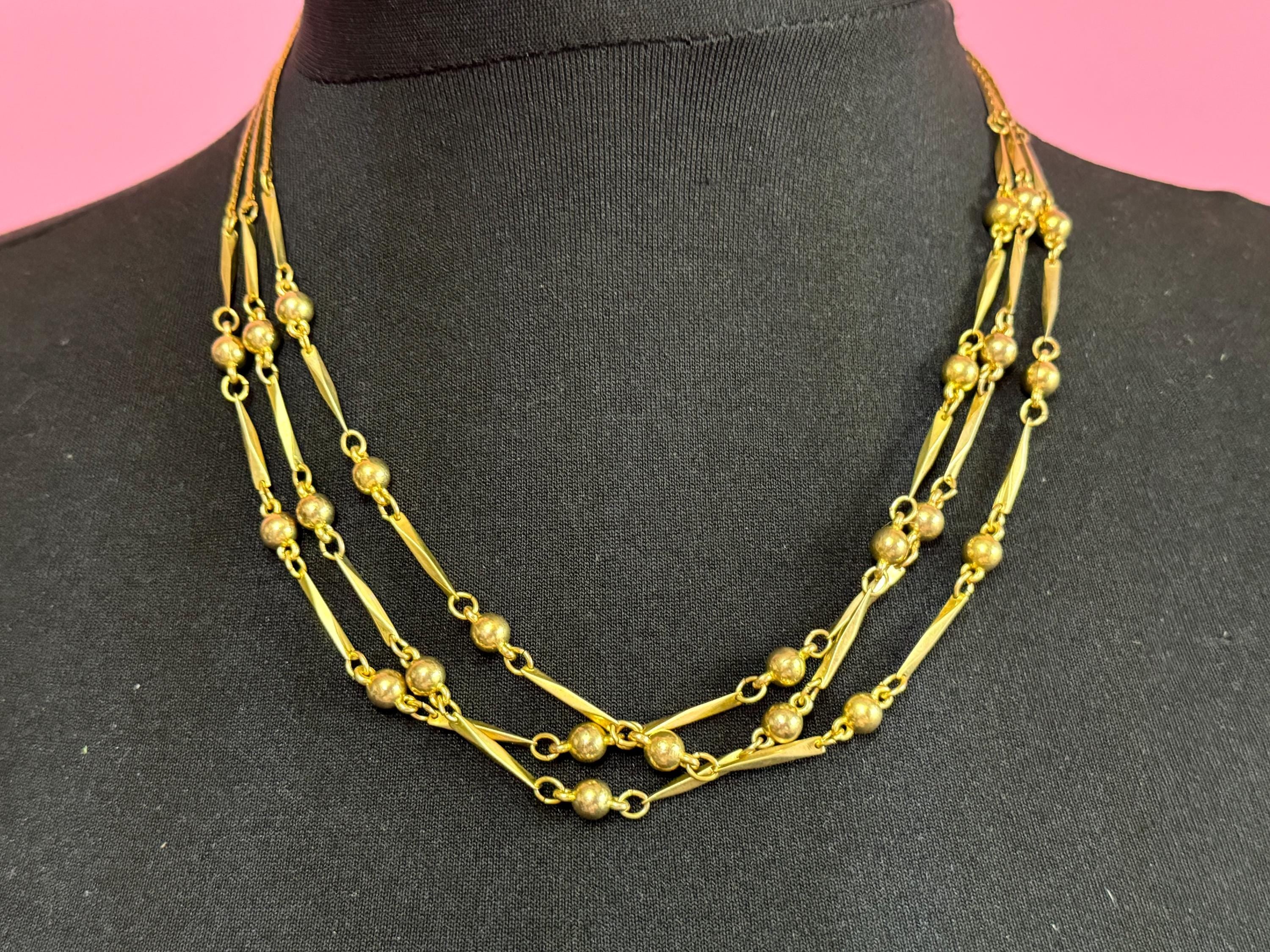 Vintage gold tone modernist ball bead triple row collar necklace