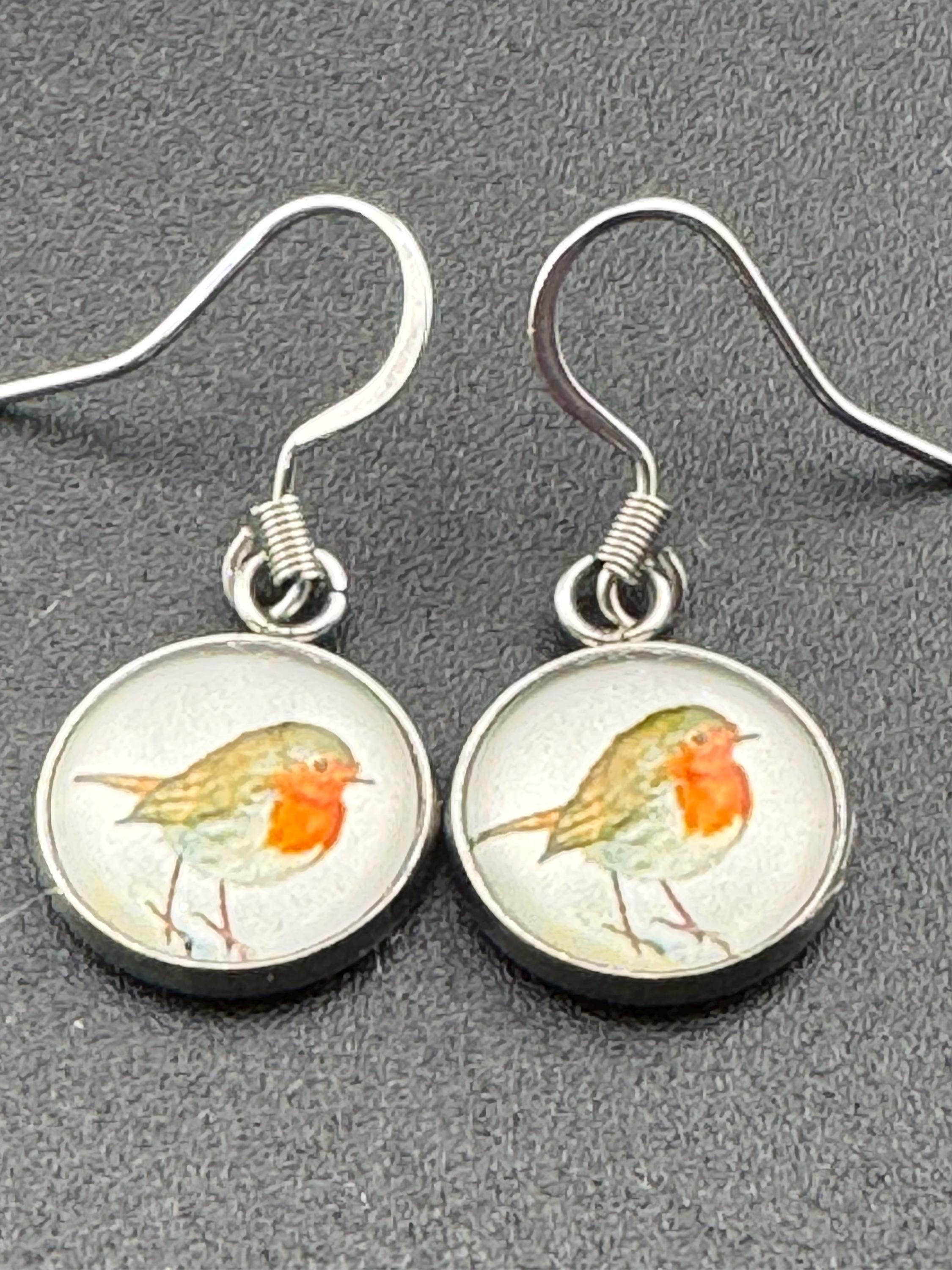 12mm Garden bird Robin redbreast stainless steel drop earrings silver