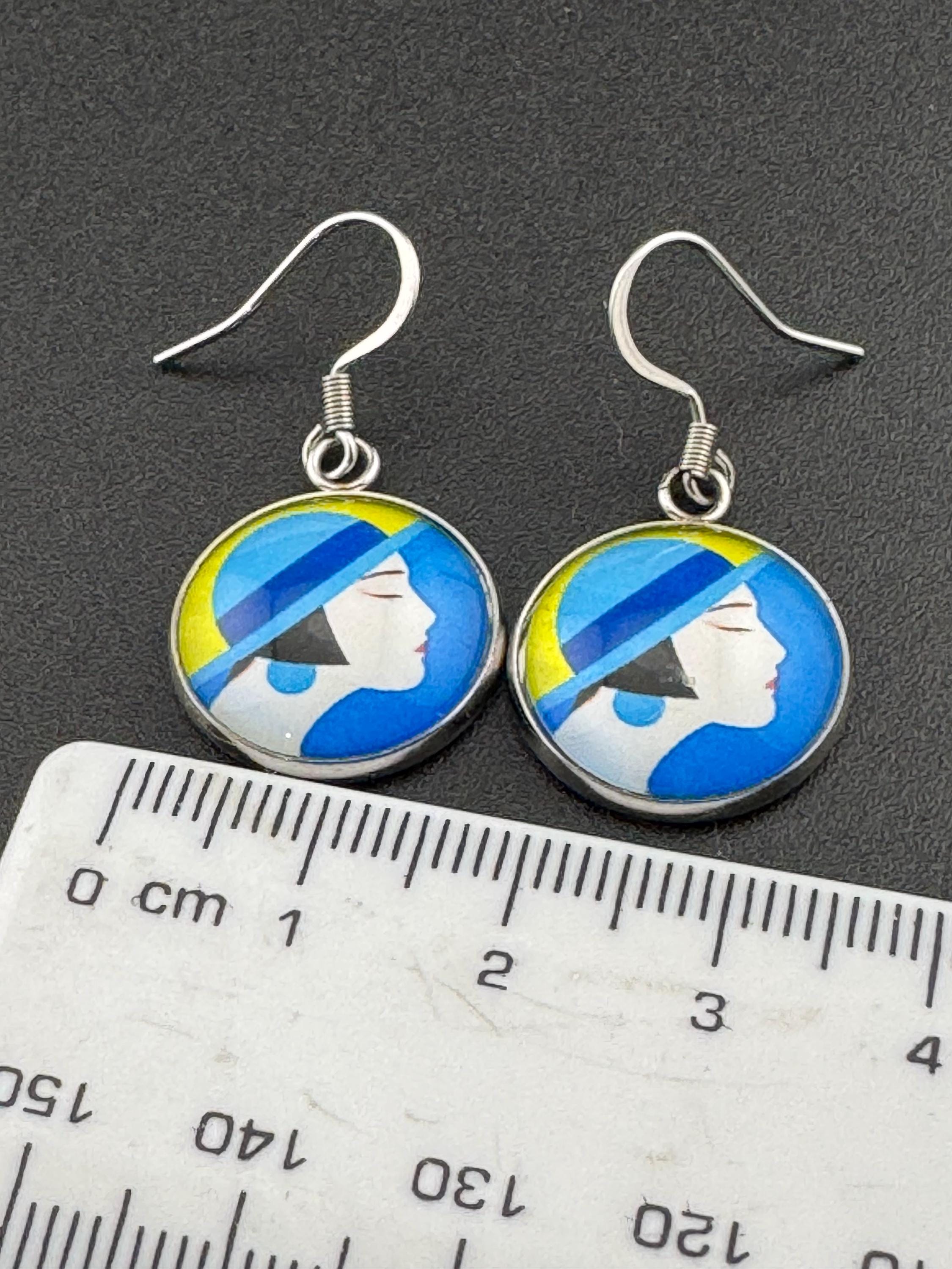 Art Deco lady blue yellow stainless steel no tarnish drop dangly earrings 16mm glass cabochons