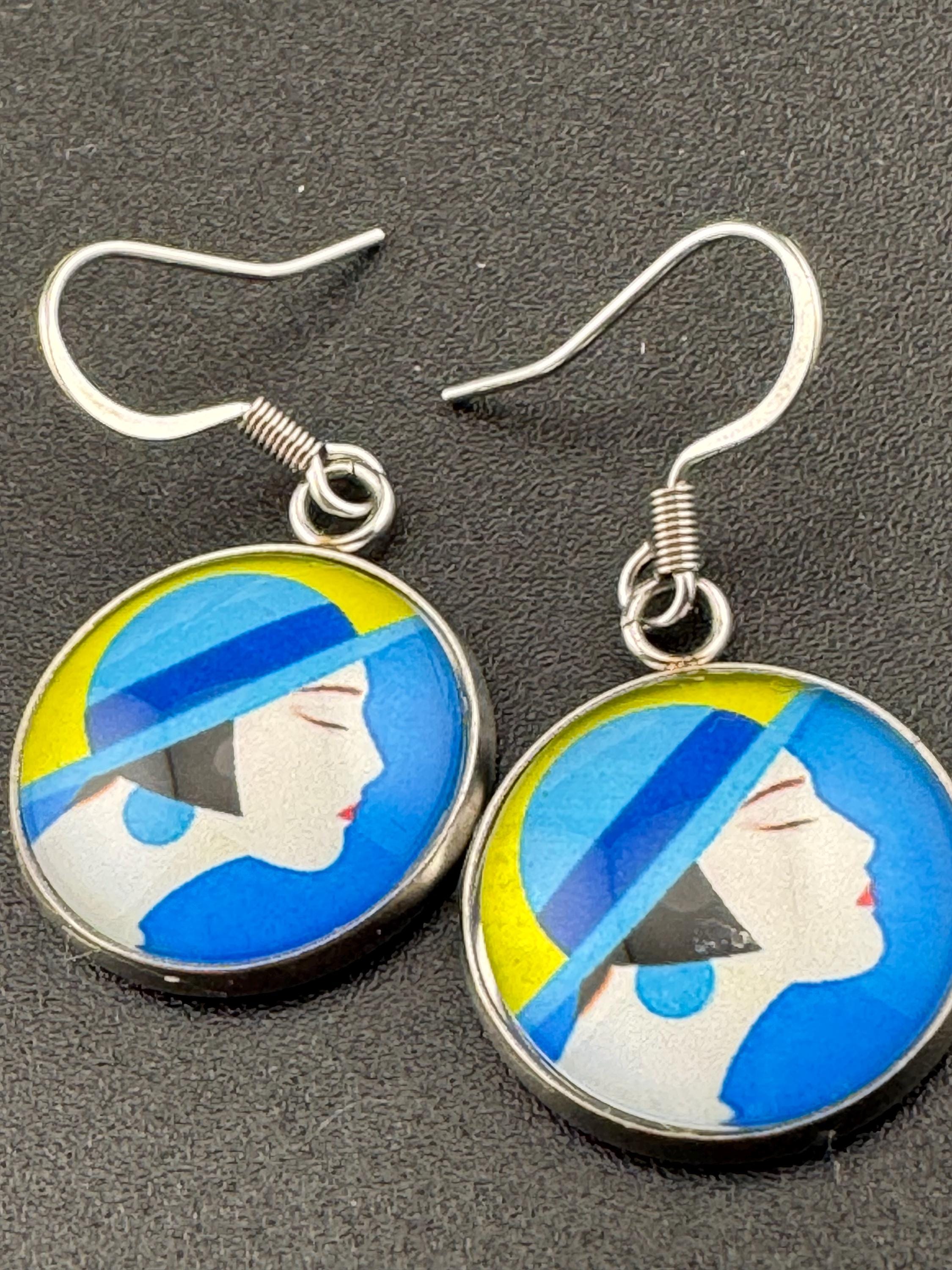 Art Deco lady blue yellow stainless steel no tarnish drop dangly earrings 16mm glass cabochons