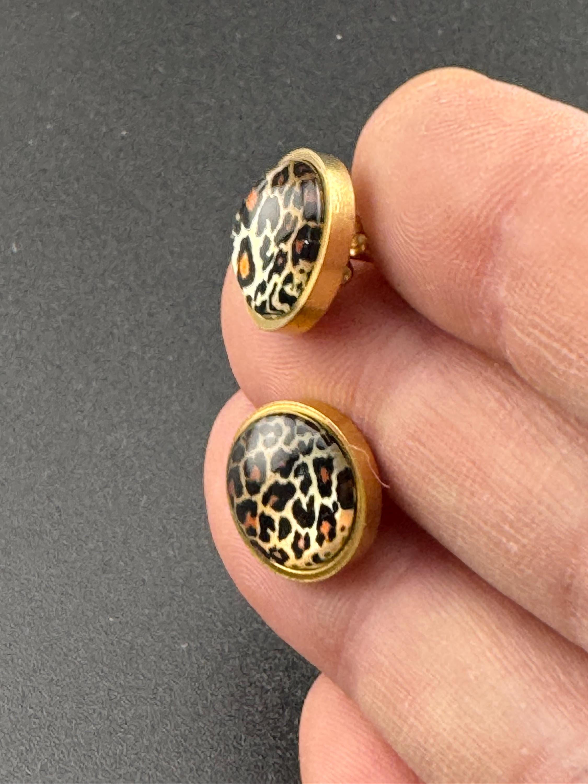 Leopard print studs 12mm glass cabochon stainless steel gold tone Brown pierced earrings
