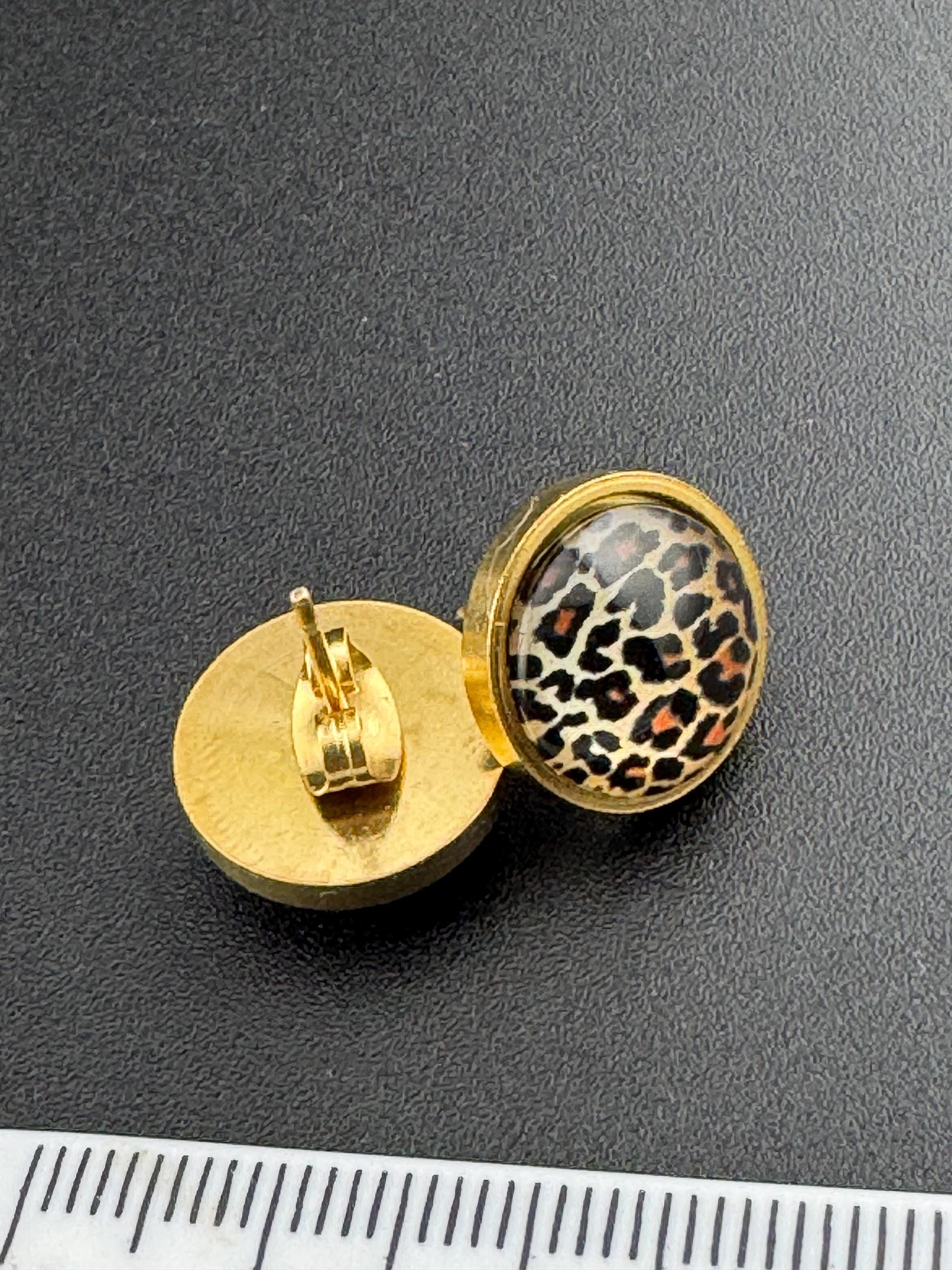 Leopard print studs 12mm glass cabochon stainless steel gold tone Brown pierced earrings