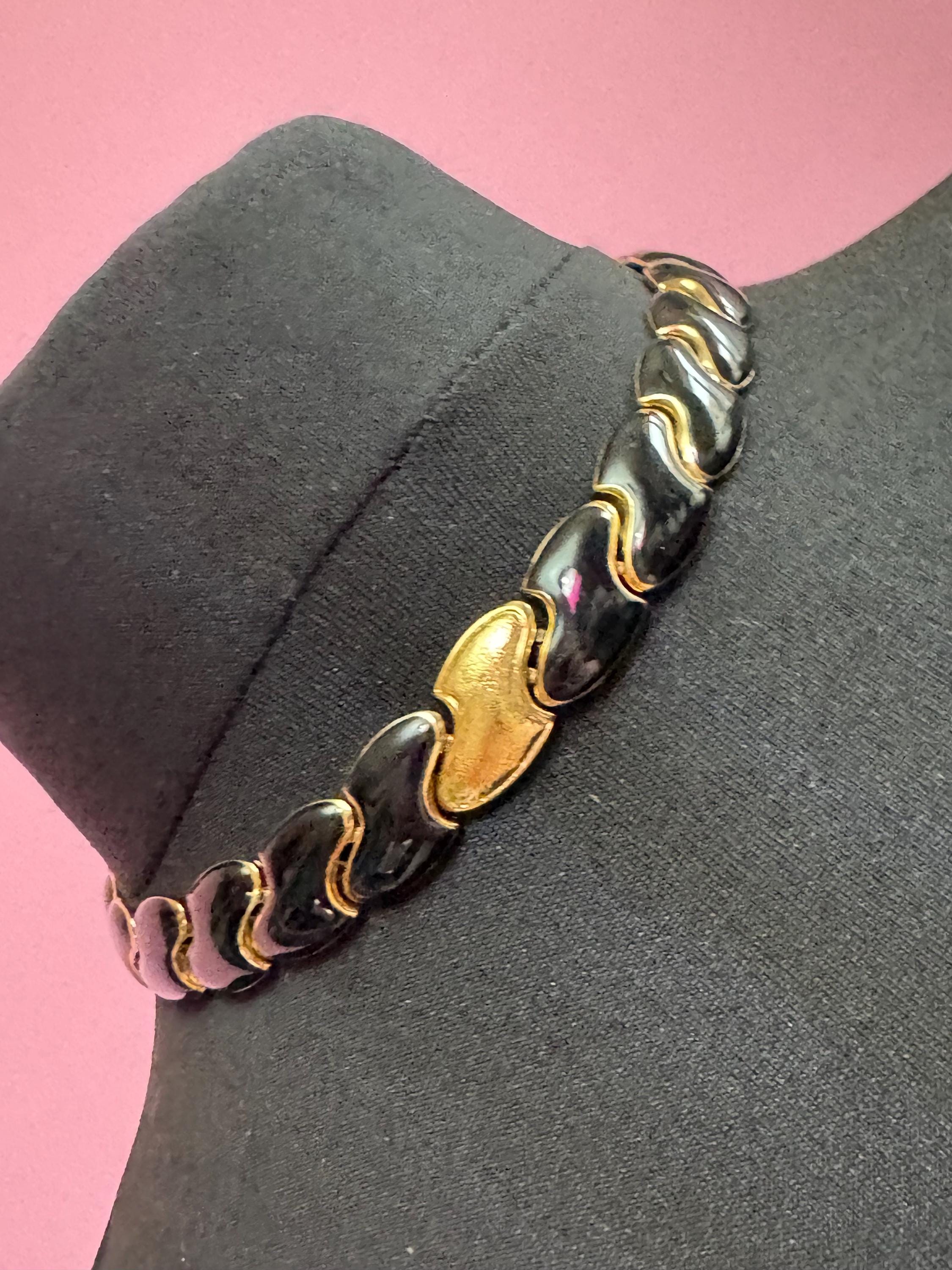 Retro gold tone and black enamel wide Chunky panel link necklace 43cm weighty