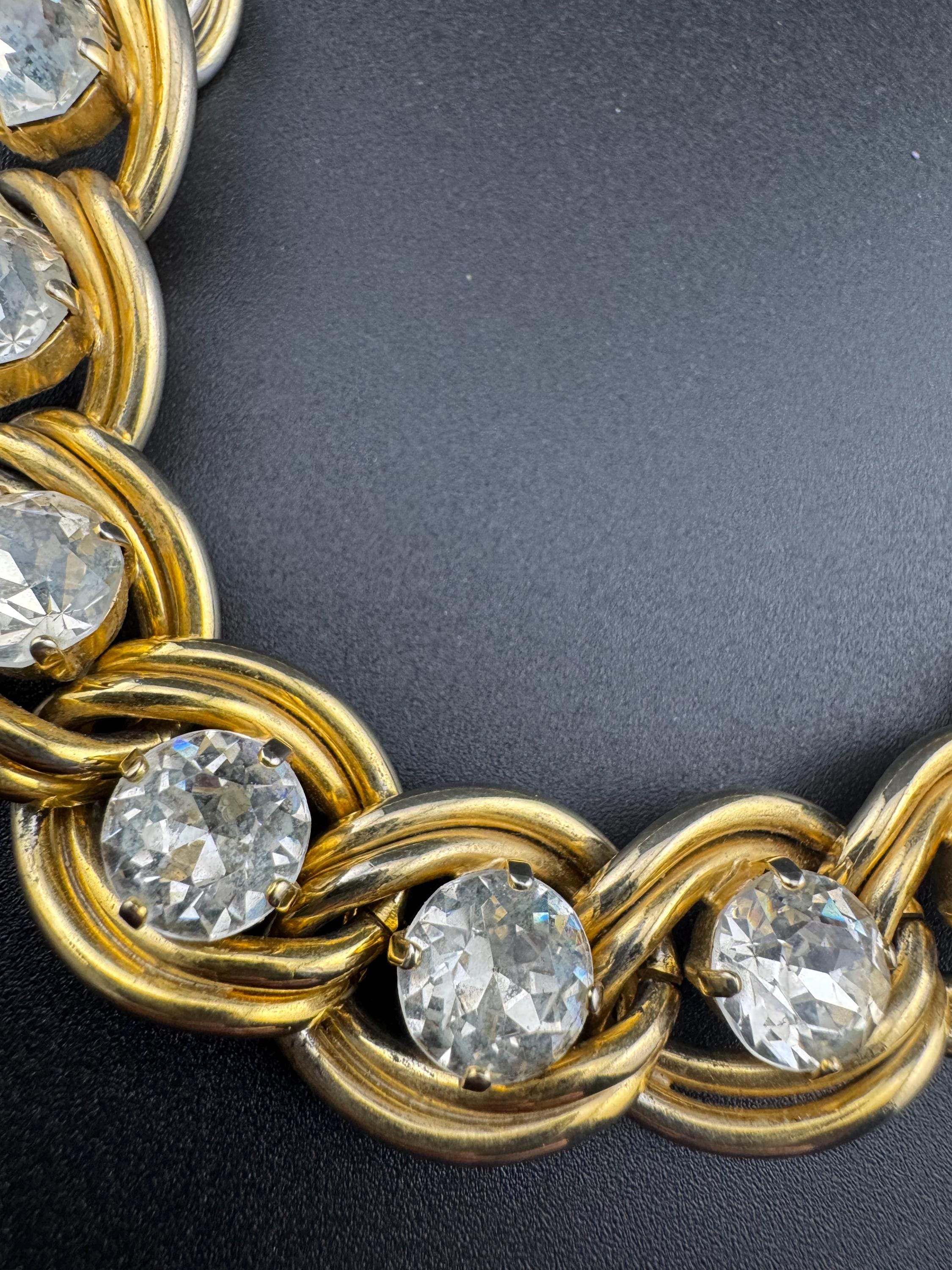 Vintage Gold tone modernist heavy curb chain link gold necklace with clear paste diamanté 46cm