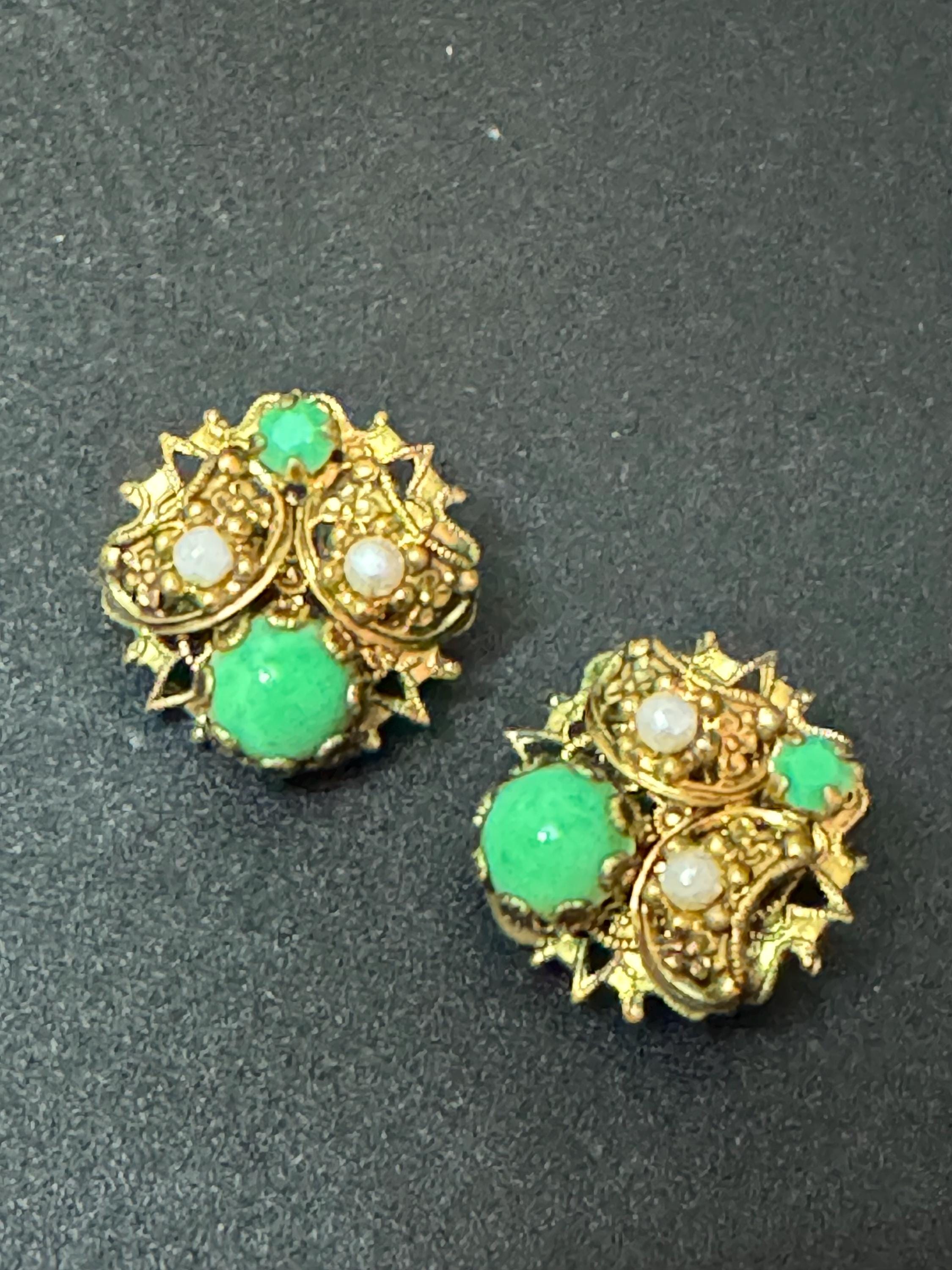 Vintage Czech Brass Filigree Clip On Earrings: Green Glass & Faux Pearl