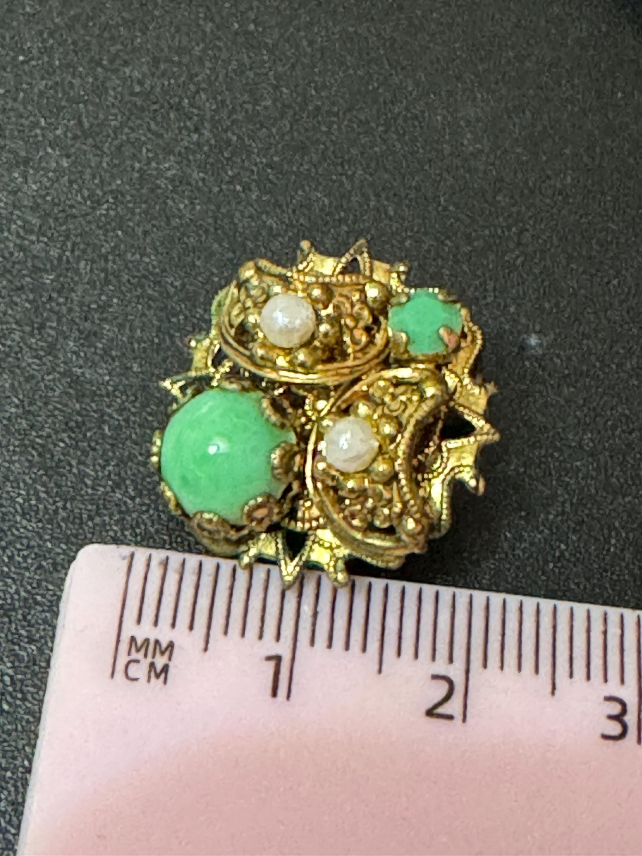 Vintage Czech Brass Filigree Clip On Earrings: Green Glass & Faux Pearl