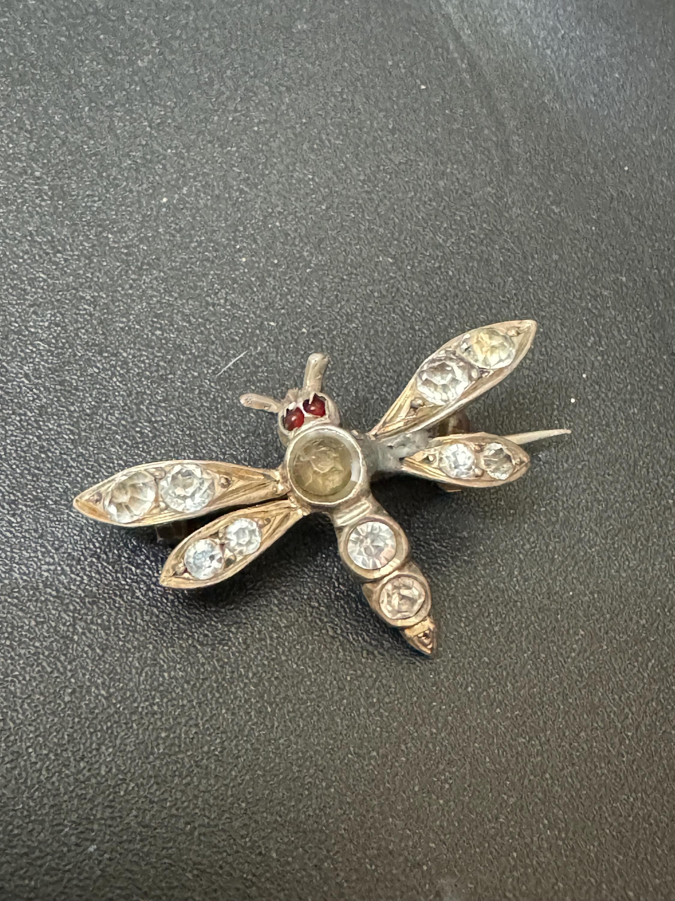 Vintage 925 small sterling silver rhinestone paste dragonfly insect brooch 3.5cm lapel pin