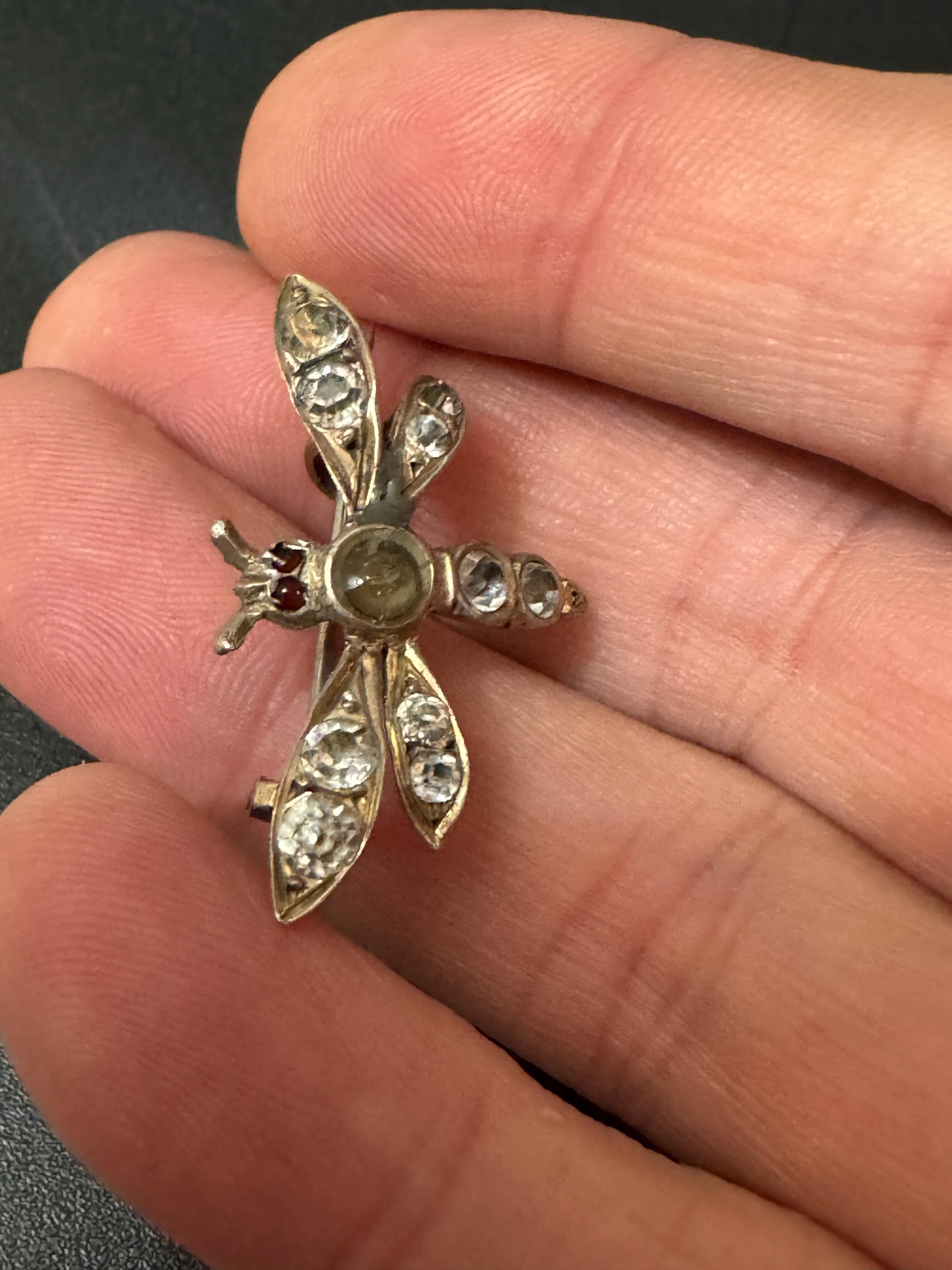 Vintage 925 small sterling silver rhinestone paste dragonfly insect brooch 3.5cm lapel pin