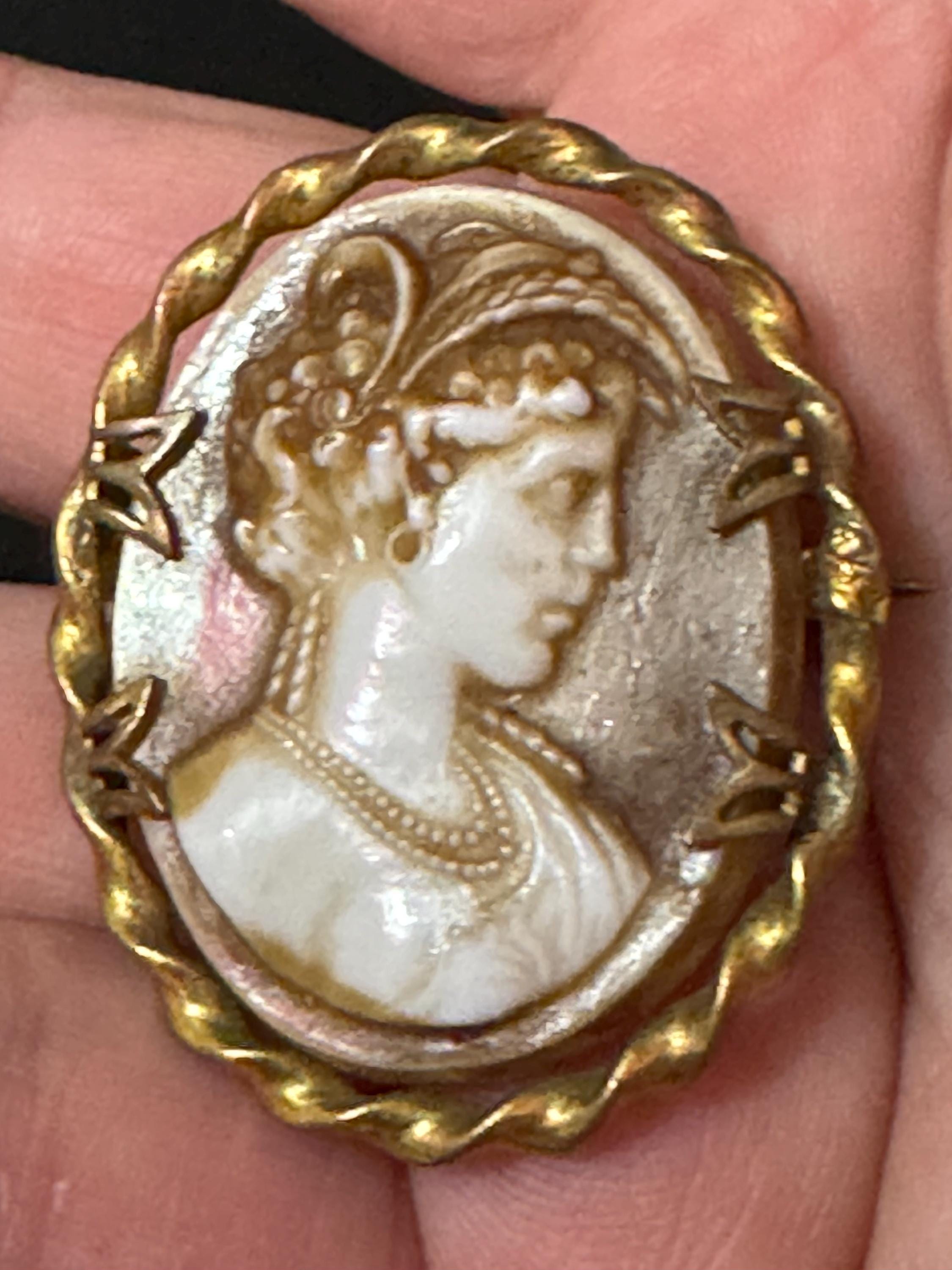 Vintage porcelain china large oval cameo brooch brown and cream