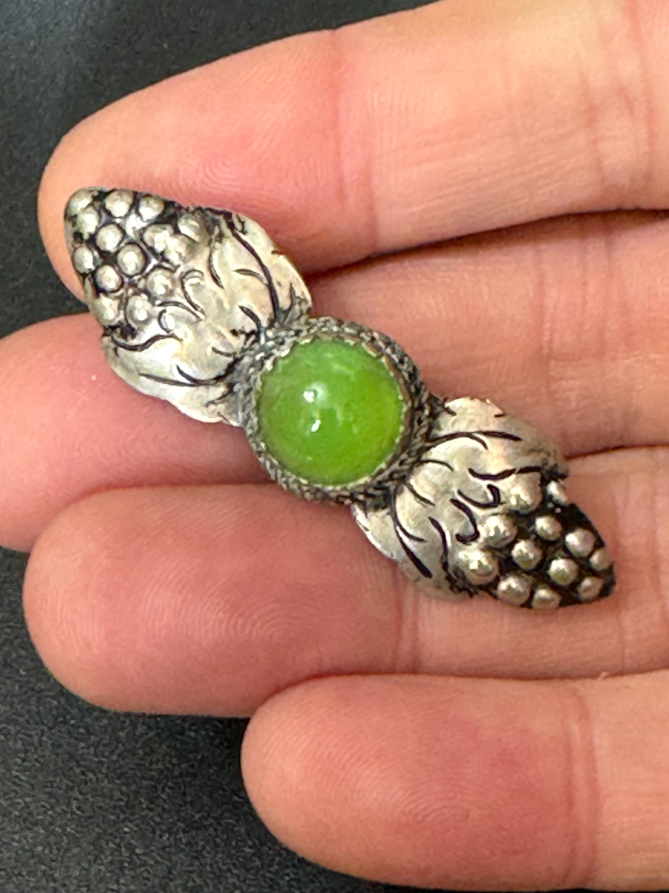 Czech silver tone stamped pressed floral leaf Brooch with Green gemstone chrysoprase Glass