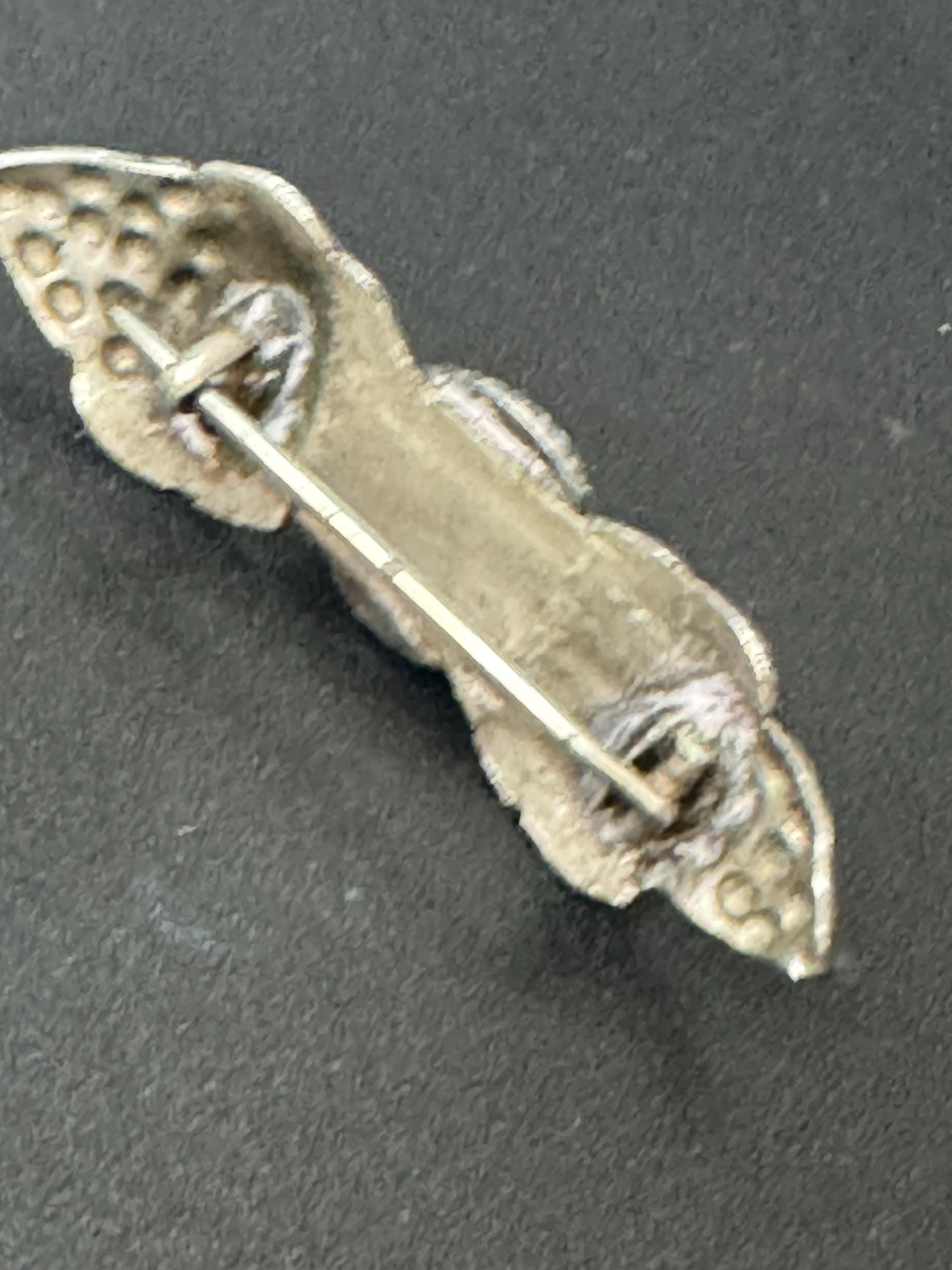 Czech silver tone stamped pressed floral leaf Brooch with Green gemstone chrysoprase Glass