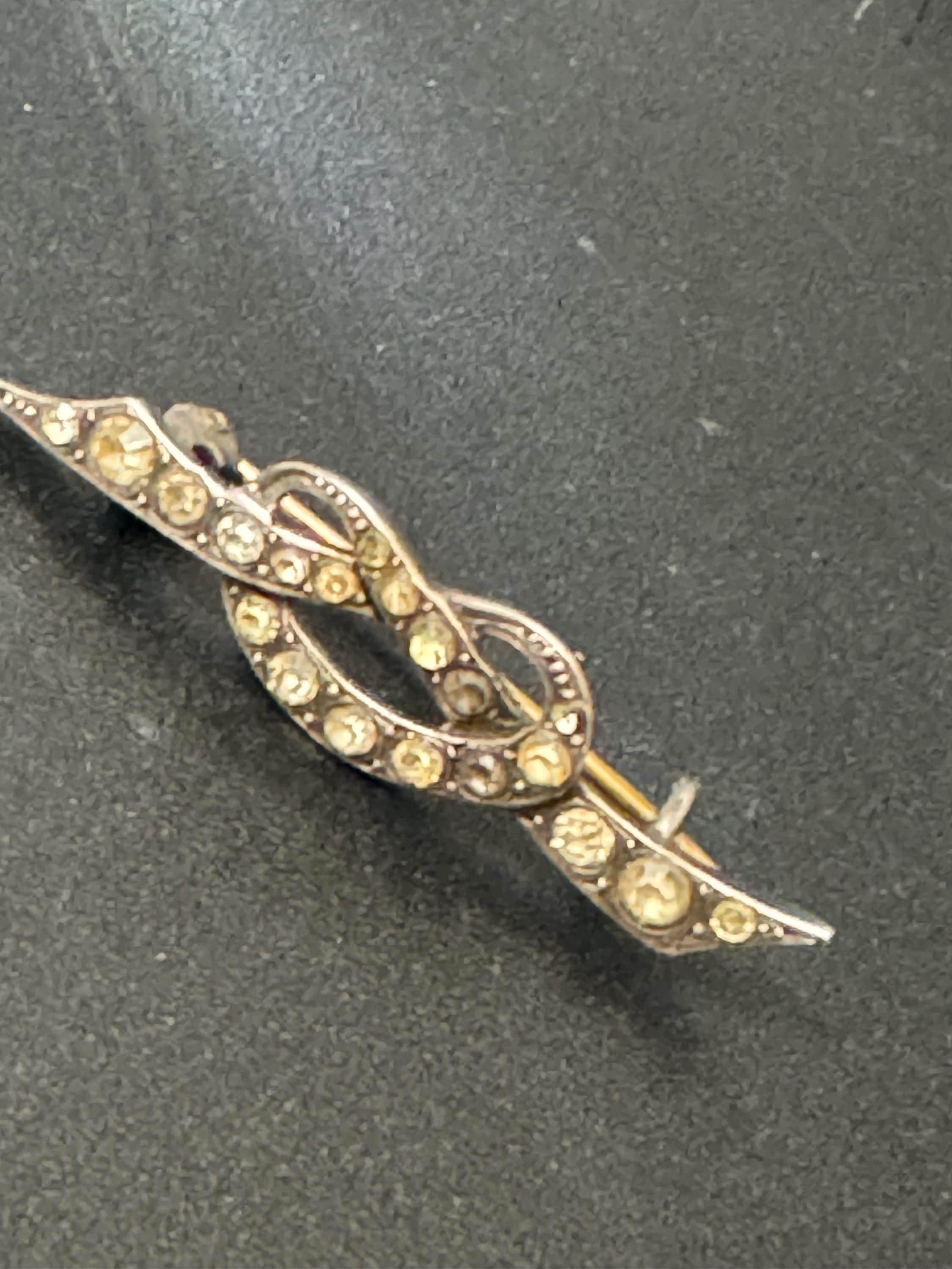 Czech silver tone stamped pressed floral leaf Brooch with Green gemstone chrysoprase Glass