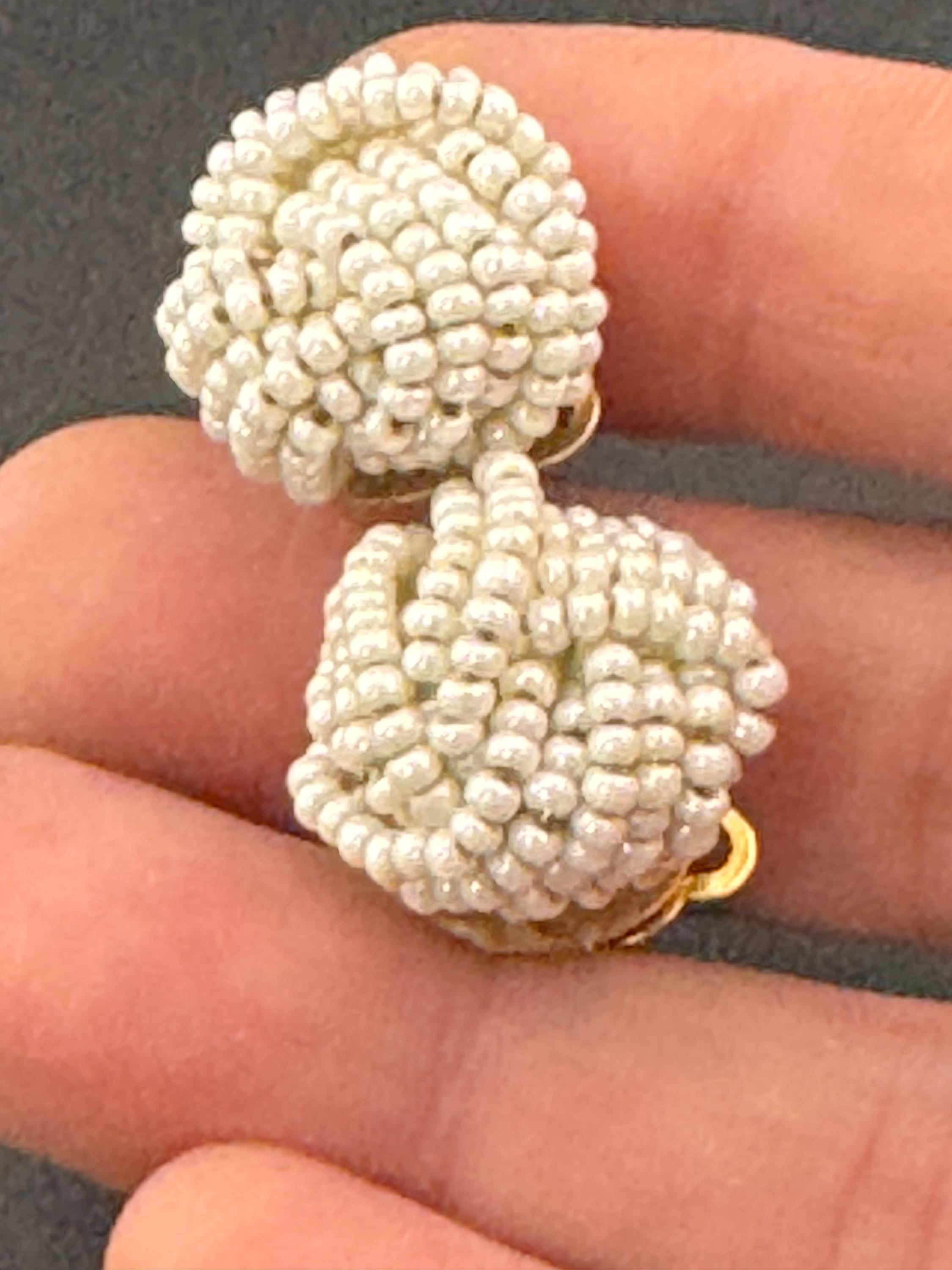 Vintage cream glass seed beaded KNOT Cluster turban earrings studs clip on  Earrings